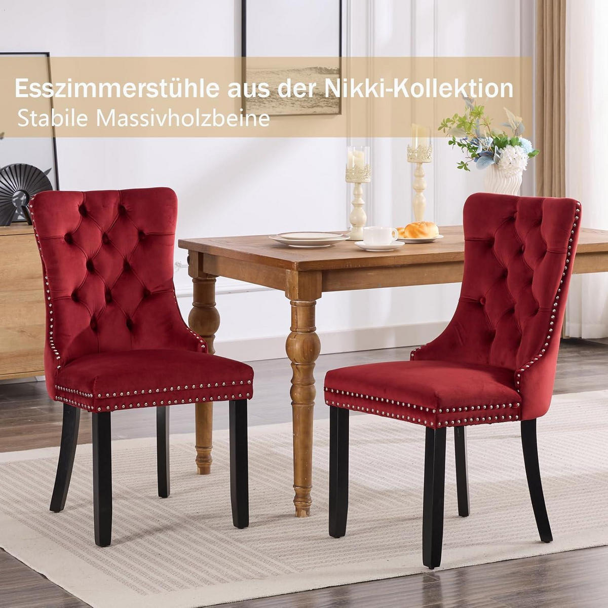 ESSZIMMERSTÜHLE 2er-Set Samt Burgunderrot mit Massivholzbeinen - Bordeaux, Textil (50/95.2/62cm)