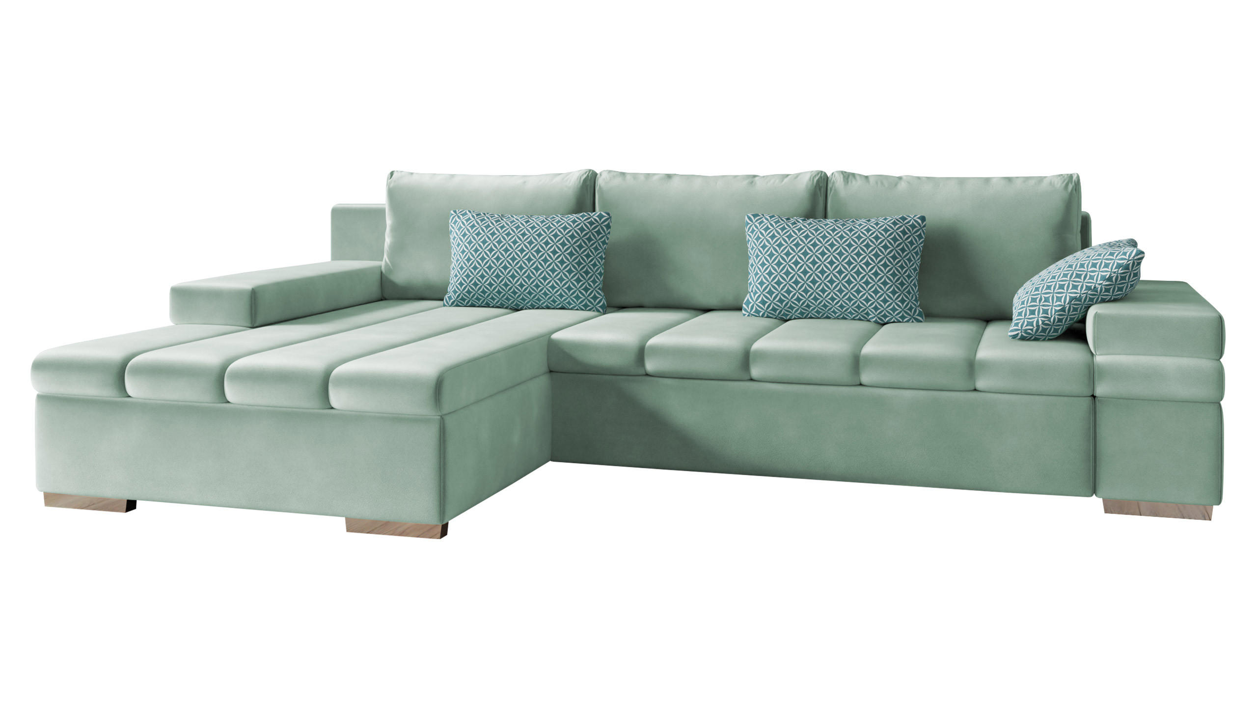 ECKSOFA Bangkok, Seite: Links - Silberfarben/Mintgrün, Holz/Textil (310/175cm) - MIRJAN24
