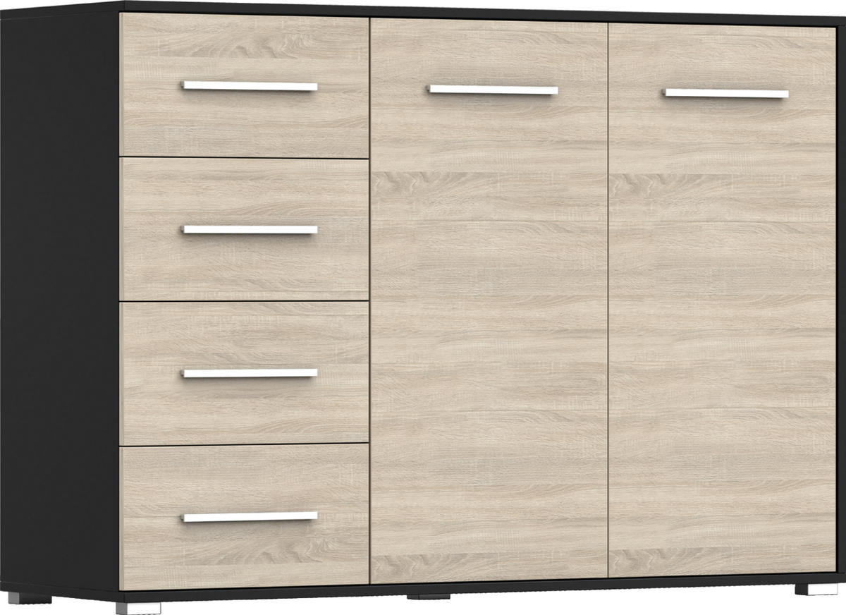 KOMMODE Frida 01 2D4S Schwarz/Sonoma 135 cm - Alufarben/Schwarz, Holzwerkstoff/Kunststoff (135/95/45cm)