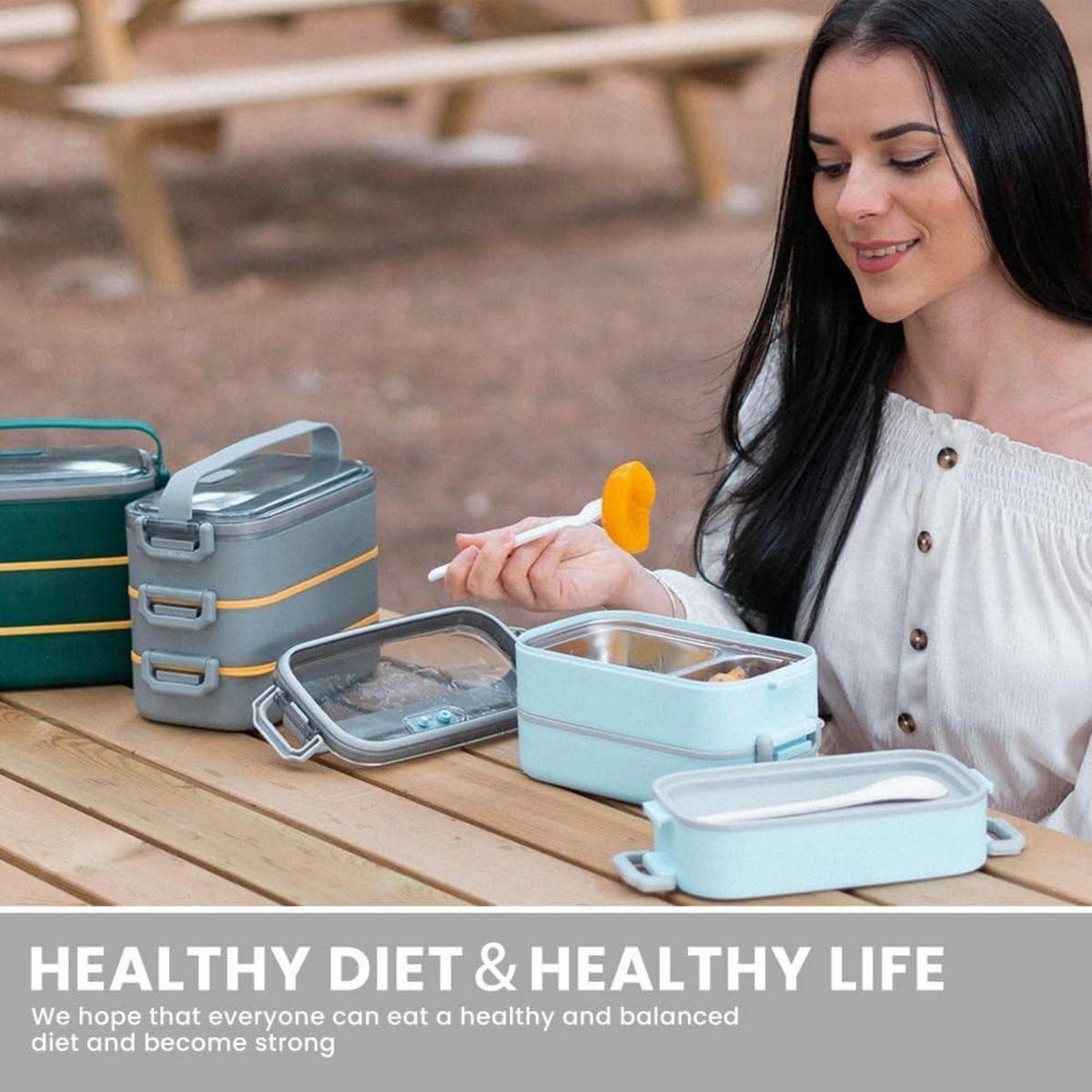 BENTO Box Edelstahl 1700 ml Grau mit Besteck - Grau, Metall (19.5/16/19.5cm)