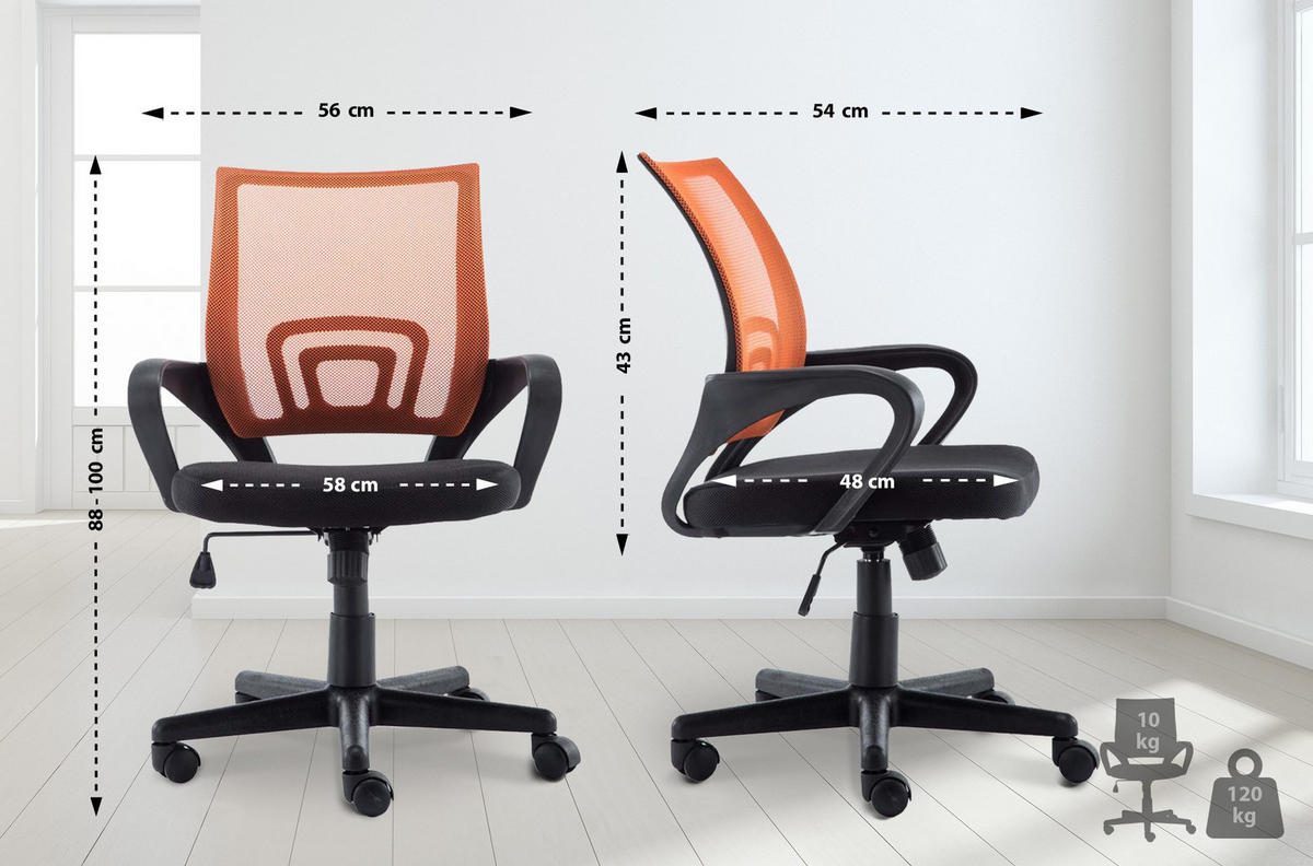 BÜROSTUHL PARIS - 88x56x54, Orange | Kunstleder | Kunststoff Gestell - Orange, Leder/Kunststoff (56/88/54cm) - DELUKE