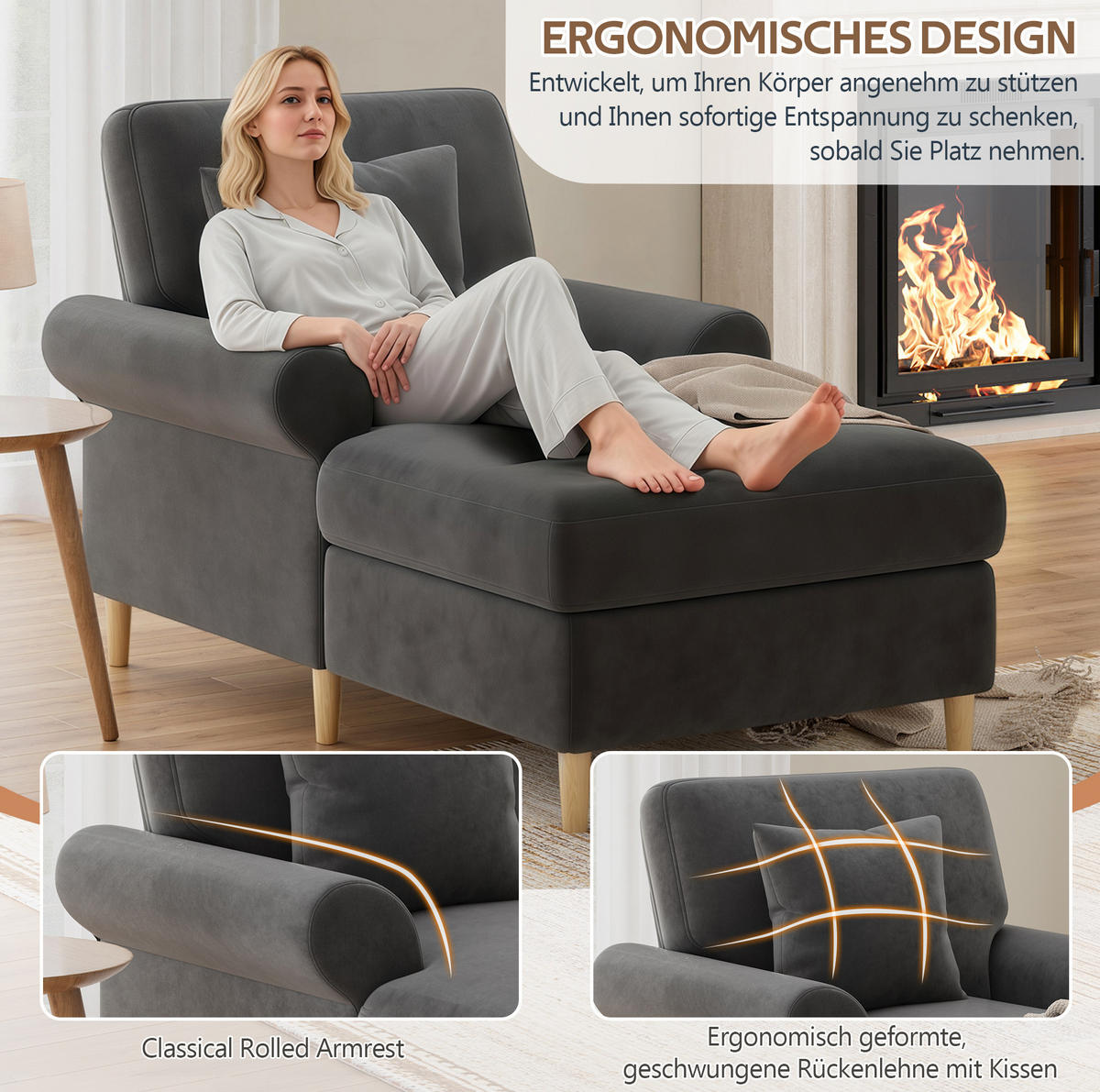 SCHLAFSESSEL 133/87/90 cm in Grau aus Samt mit Liegefunktion und Kissen - Grau, Textil (87/90/133cm) - Flora Grace