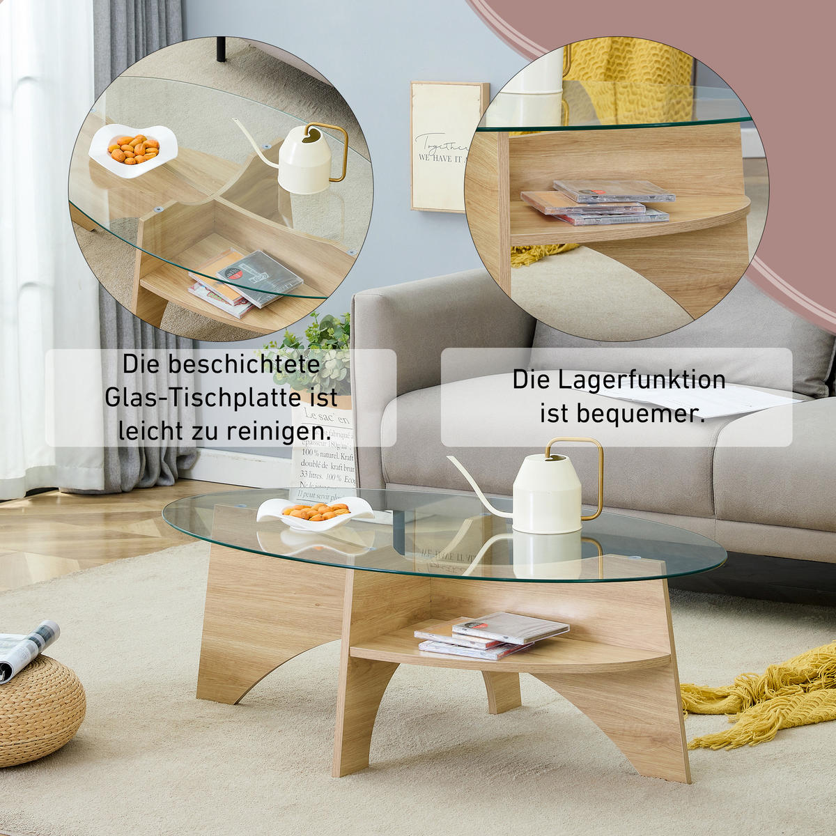 COUCHTISCH in Naturfarbe Moderner ovaler Beistelltisch mit Holzoptik für Esszimmer und Wohnzimmer, B104.9/T60/H35.6 cm - Transparent/Naturfarben, Glas/Holzwerkstoff (60/104.9/35.6cm) - STILVORA
