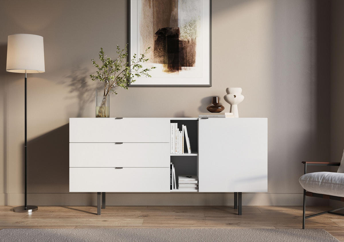 SIDEBOARD Myway, Weiß, 3 Schubladen, Minimalistisch, 160 cm - Schwarz/Weiß, Holzwerkstoff/Metall (160/80/41.6cm) - Skandica