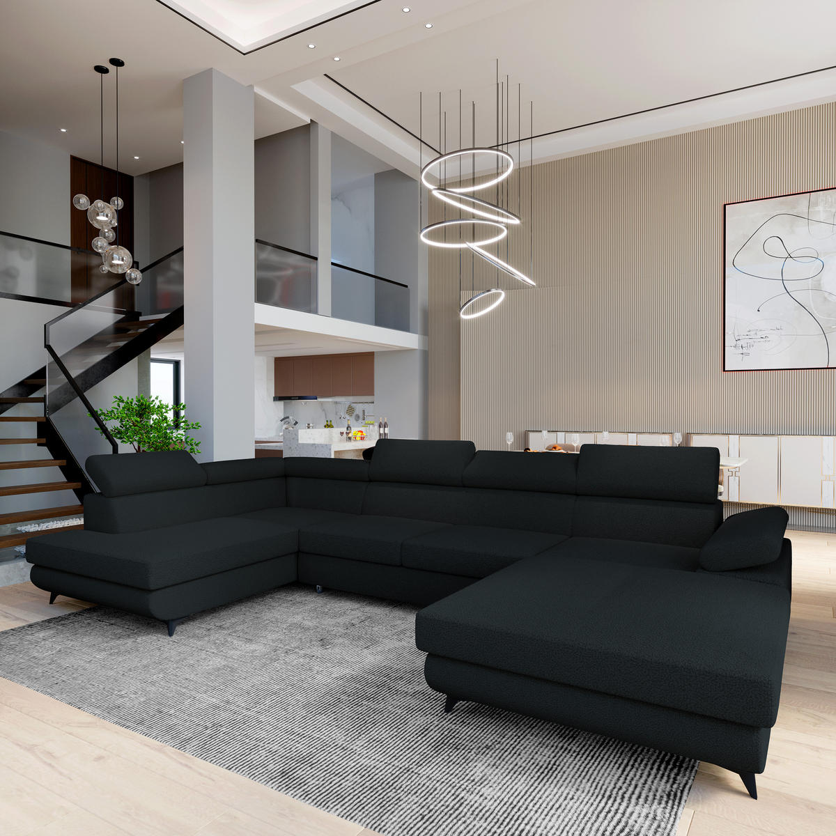 WOHNLANDSCHAFT RUBANO L-S Schwarz Boucle-Stoff mit Schlaffunktion - Schwarz, Holz (339/89/190cm) - MASSENO