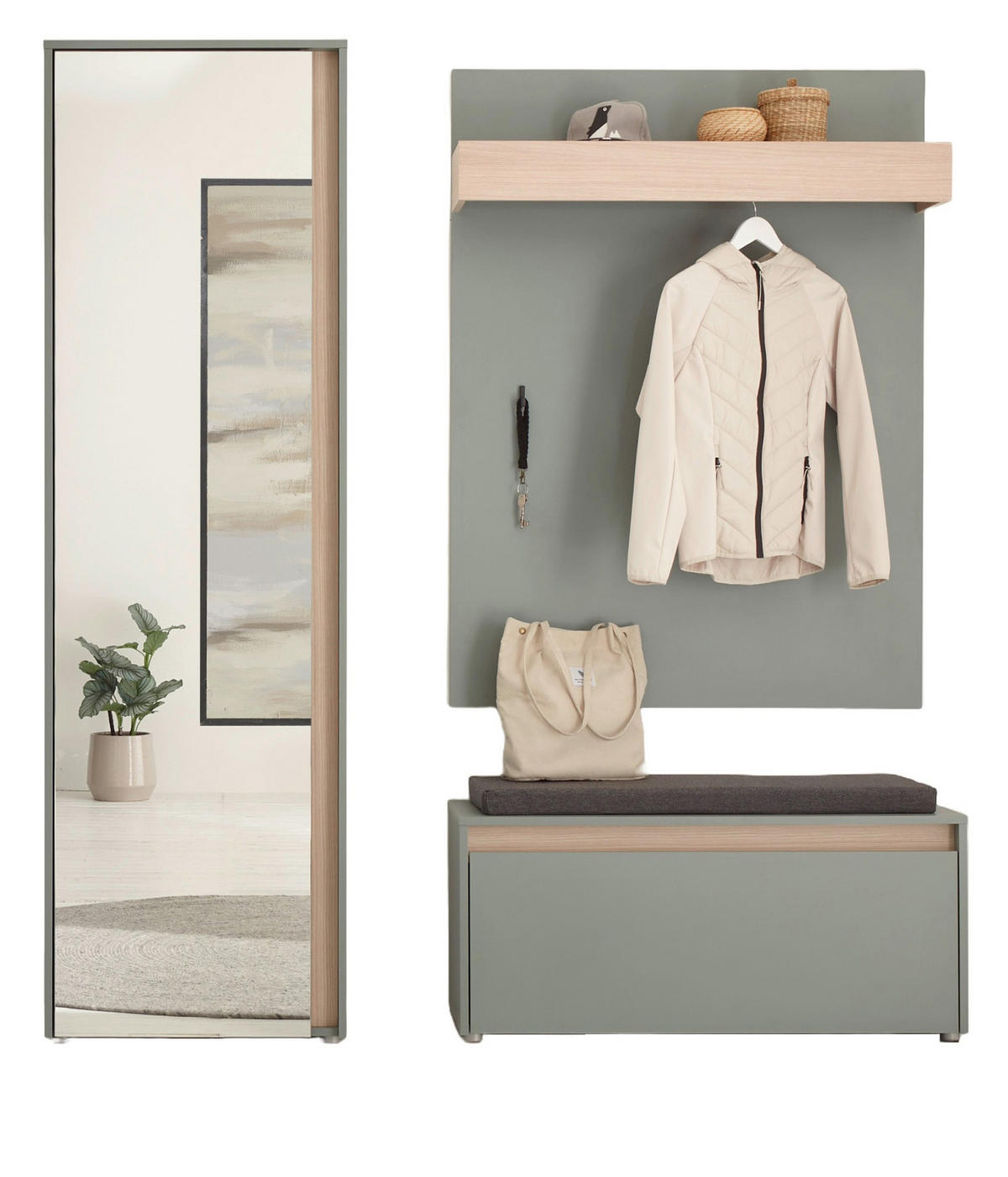 GARDEROBE Set 4-teilig in Salbei und Barista Eiche Garderobenkombination 170 x 200 cm Center - Salbeigrün/Eichefarben, Glas/Holz (170/200/40cm) - Furn.Design