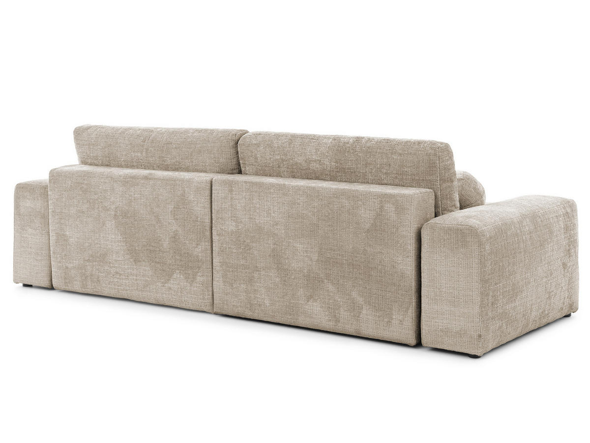 ECKSOFA Puffy mit Schlaffunktion und Bettkasten - besonders weich und puffig aus Dunkelbeige Chenille-Stoff - Ottomane links - Beige/Schwarz, Holz/Kunststoff (138/266cm) - S-Style Möbel