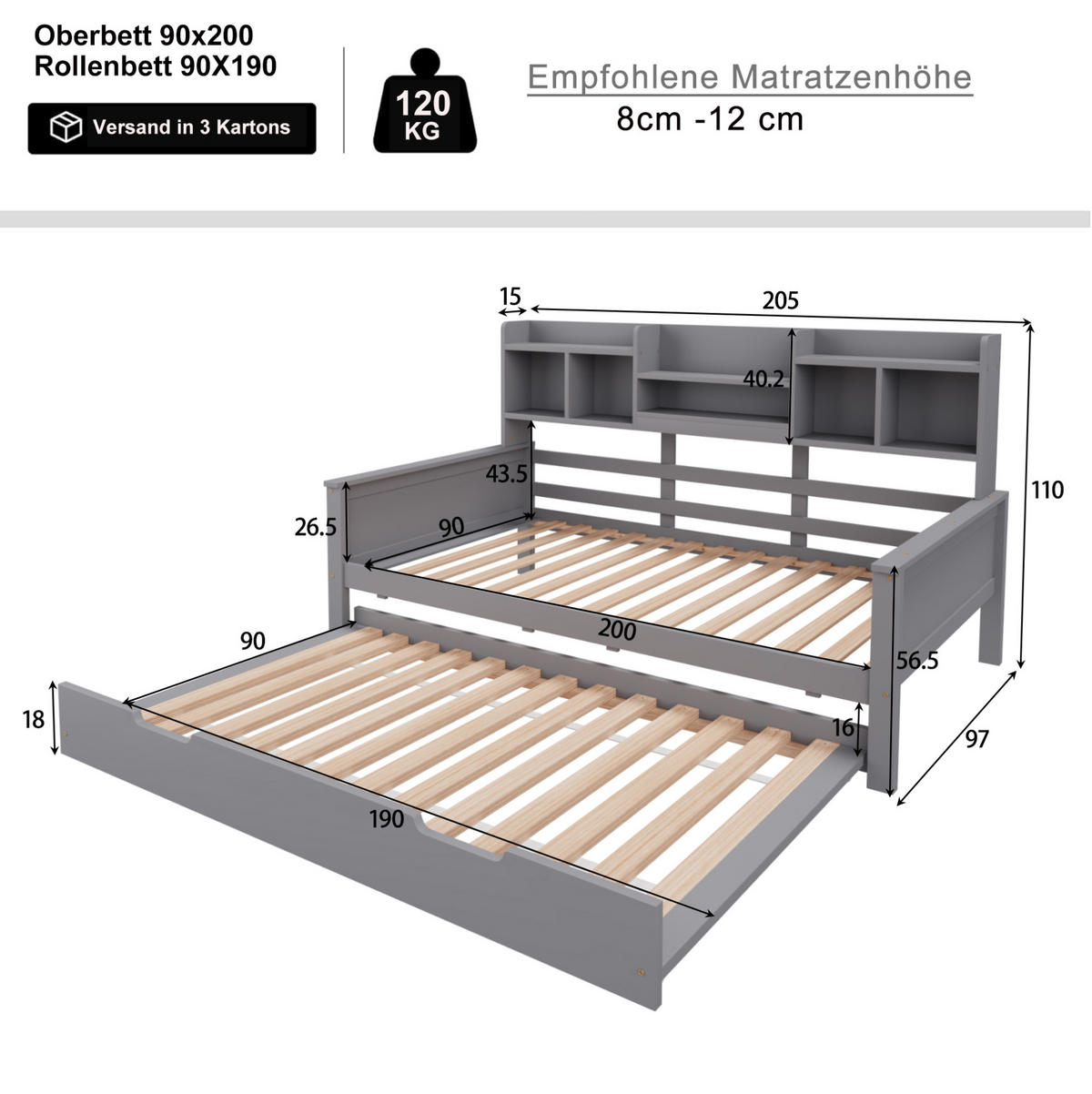 SCHLAFSOFA 90/200 cm mit ausziehbarem Bett, Ablagefächern und Lattenrost, Grau - Grau, Holzwerkstoff (205/110/97cm) - Redom