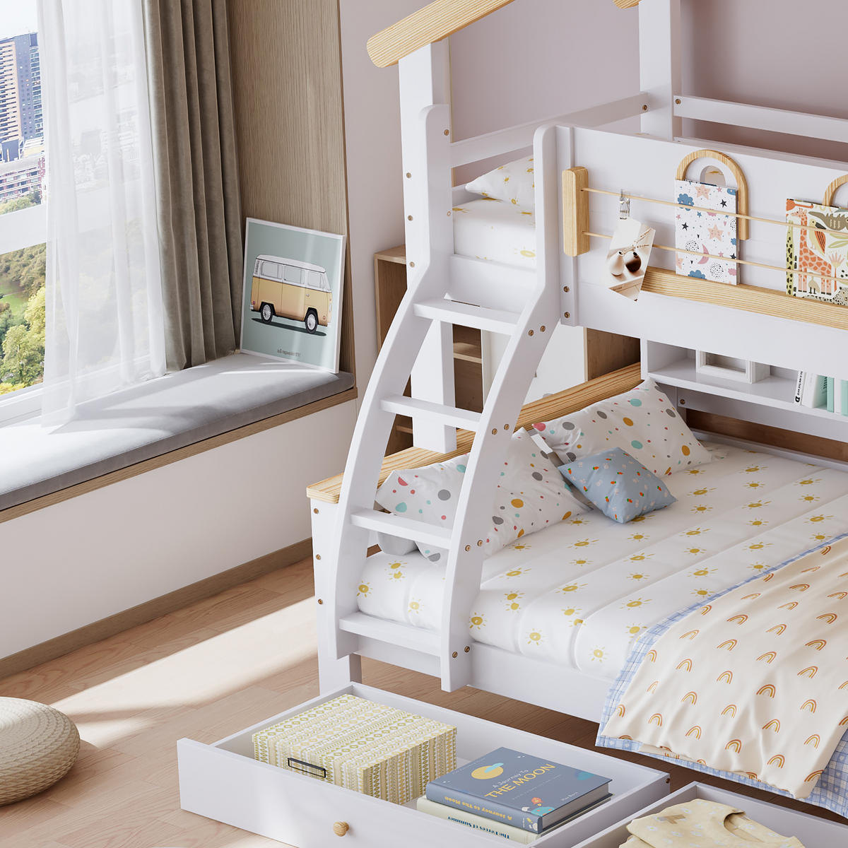 ETAGENBETT 90/200 cm & 120/200 cm in Weiß & Natur Kinderbett mit 2 Schubladen, Regal und Treppe - Weiß/Naturfarben, Holzwerkstoff (90/200cm) - STILVORA