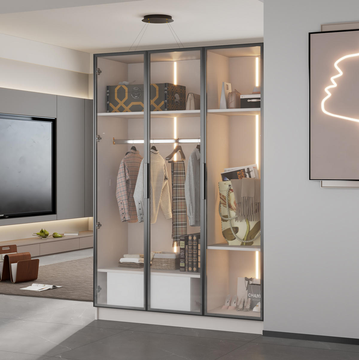 KLEIDERSCHRANK aus Spanplatte mit 3 Glastüren & LED, 110/50/160 cm, Weiß - Weiß, Holzwerkstoff (110/160/50cm) - Redom