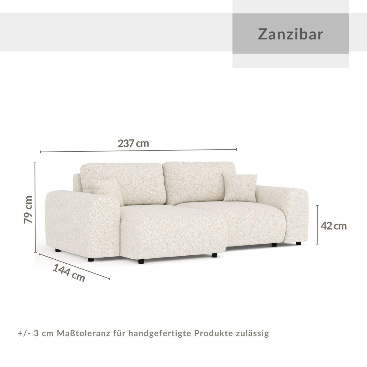 ECKSOFA Zanzibar Beige Plüschstoff - Beige/Schwarz, Holz/Holzwerkstoff (237/144cm) - Maison de Reve