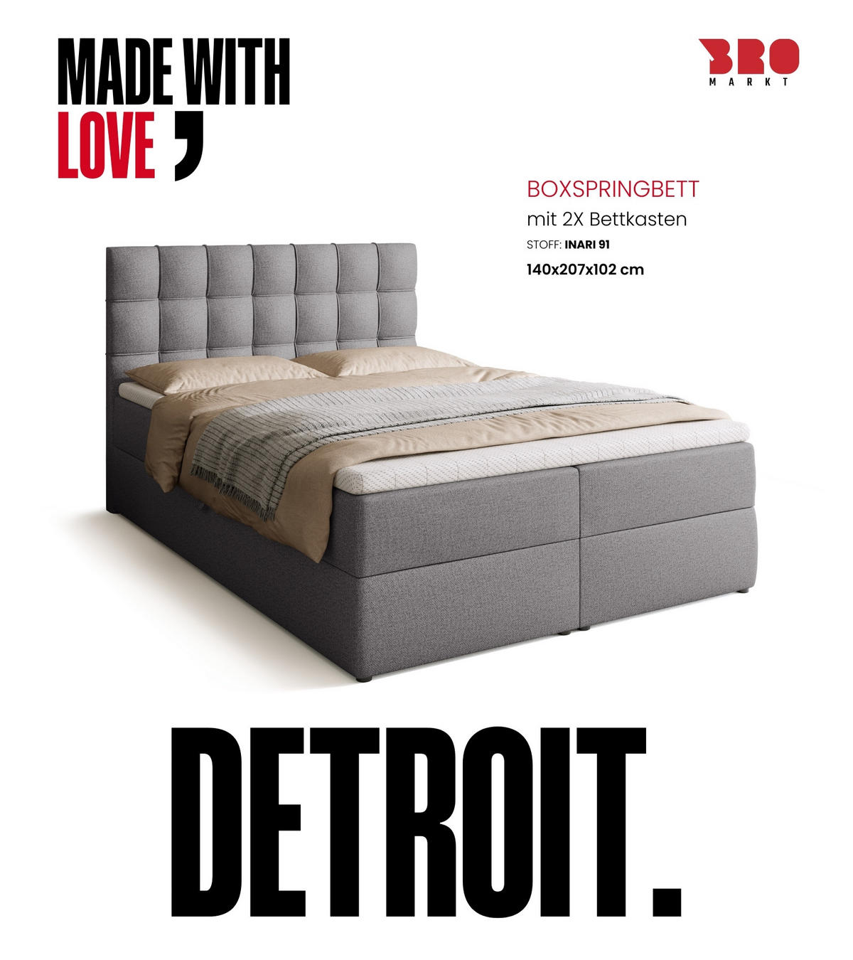 BOXBETT Detroit mit Topper 140/200 Grau - Grau, Textil (140/200cm) - Bromarkt