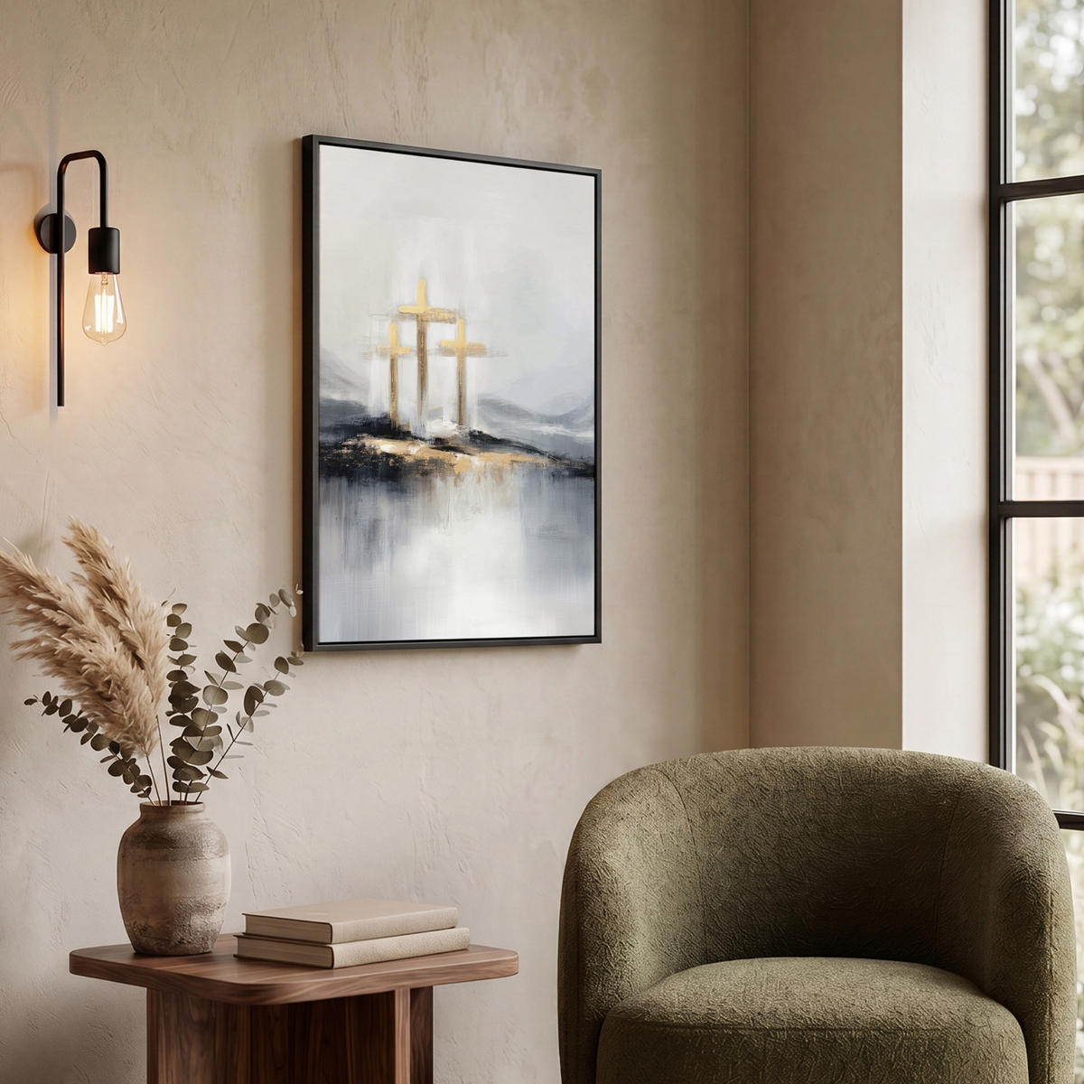 LEINWAND Bilder mit Rahmen - Abstrakt - Malerei - Christentum - Kreuz - 60x80 - Weiß, Textil (60/80cm) - MuchoWow