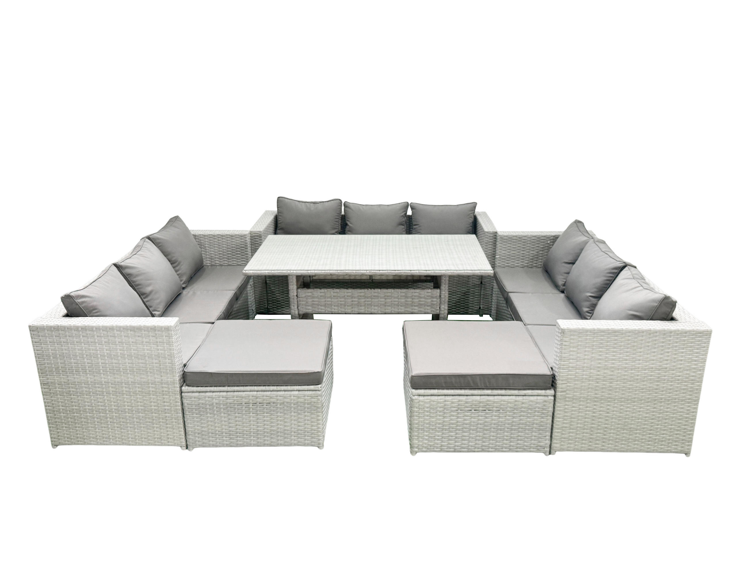 GARTENSET mit Esstisch,Sofa,2 Großer Fußhocker Polyrattan Hellgrau 11-Sitzer - Hellgrau/Grau, Glas/Kunststoff - Fimous