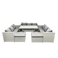 GARTENSET mit Esstisch,Sofa,2 Großer Fußhocker Polyrattan Hellgrau 11-Sitzer - Hellgrau/Grau, Glas/Kunststoff - Fimous