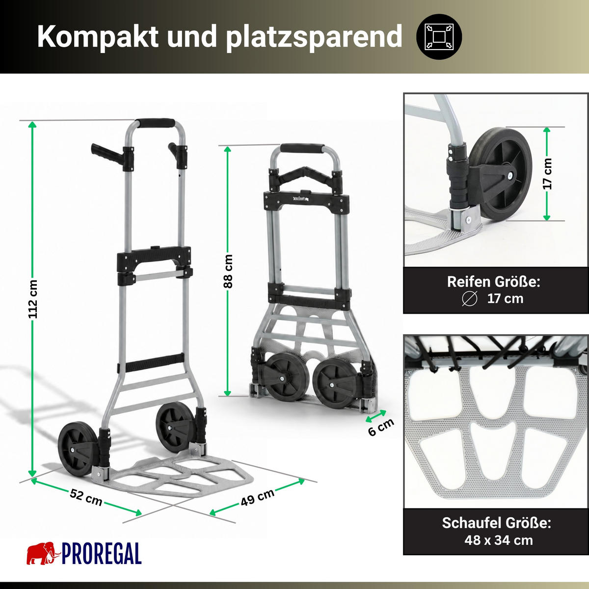 SACKKARRE Elephant klappbar 112x49x52cm Traglast 150kg AluminiumrahmenTRR Fachgummiräder Silber - Silberfarben, Metall (52/49/112cm) - PROREGAL