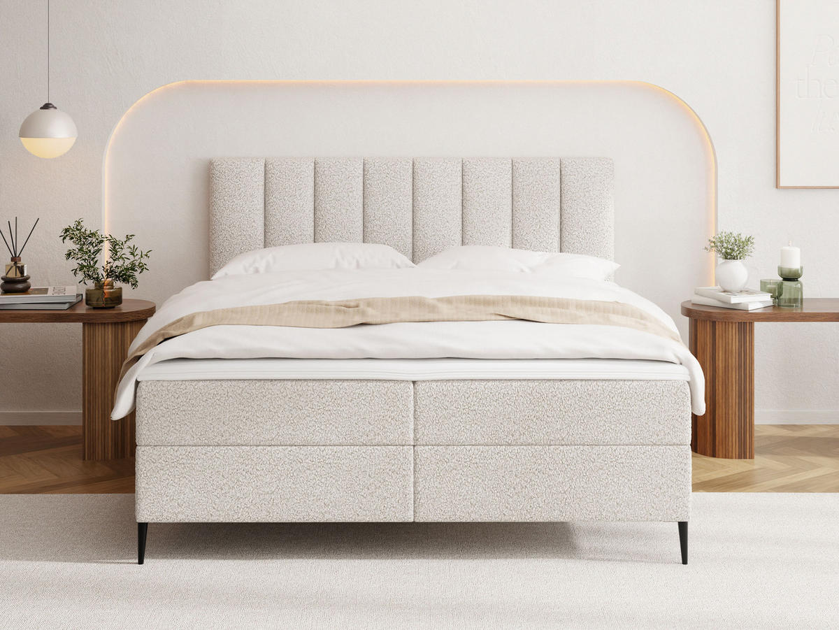 BOXBETT Allen mit Bettkasten, Boucle Weiß 200x200 cm – inkl. H4 Taschenfederkern Matratze & Foam Topper - Schwarz/Weiß, Holzwerkstoff/Metall (200/200cm) - WFL GROUP