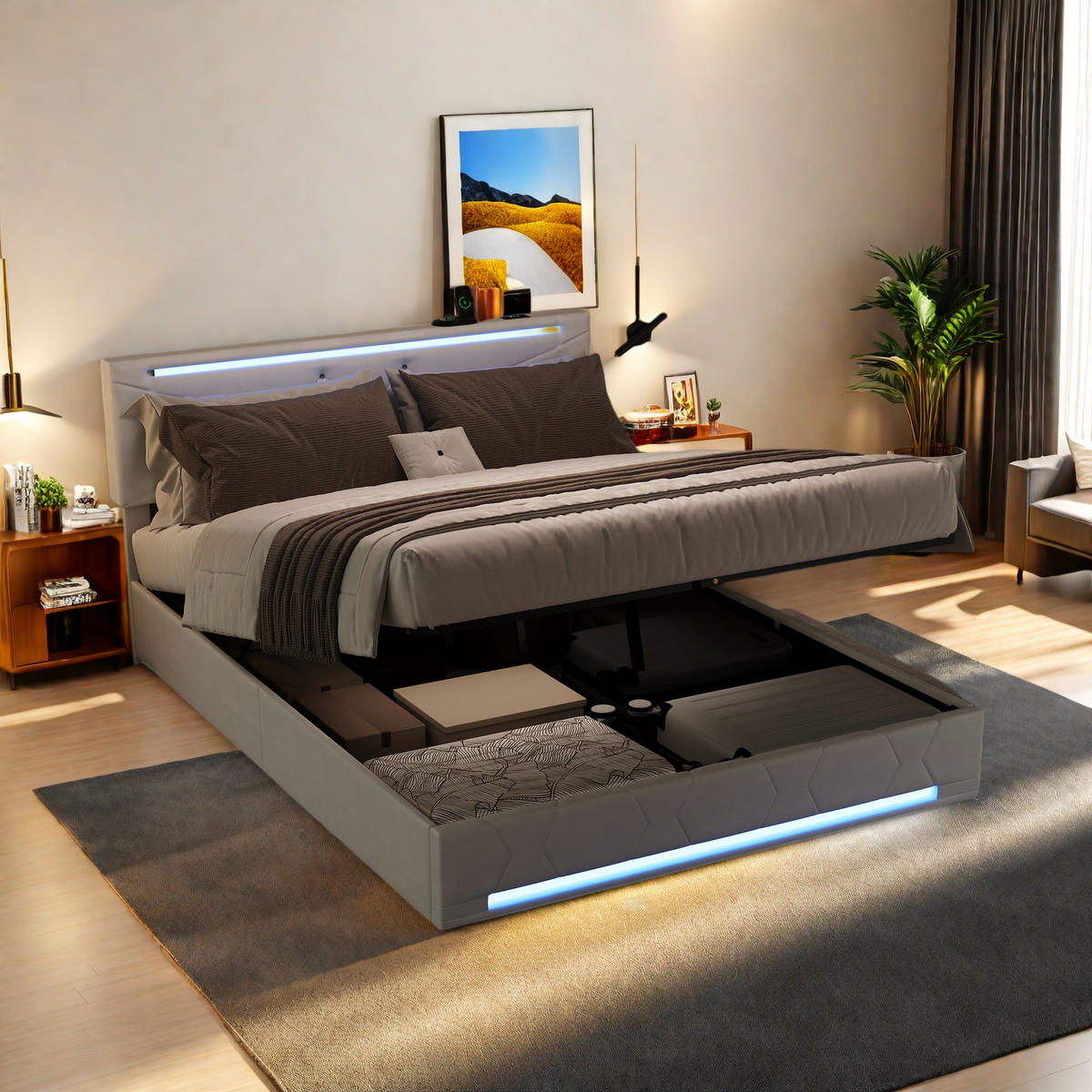 KLÄDD säng 160x200 cm beige linne LED USB sänglåda - Beige, Trä (160/200cm) - SHOPENTRA