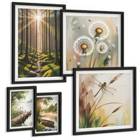 BILDER SET 5er Set - 50x50 cm & 20x30 cm & 40x60 cm Schwarzer Rahmen - See, Wald, Boot, Morgennebel - Schwarz, Kunststoff (40/60cm) - TULUP