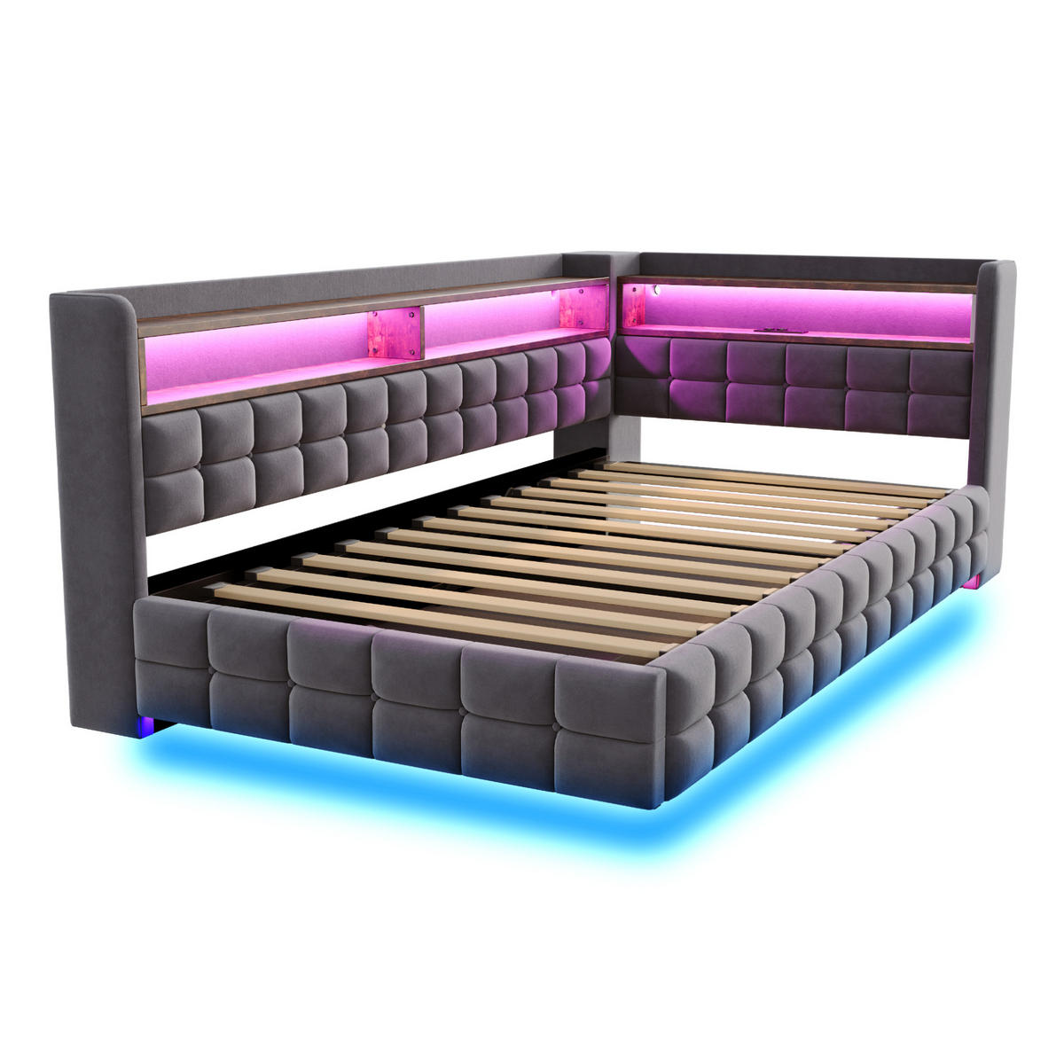 ČALOUNĚNÁ postel 90/200 cm s hydraulickým úložným prostorem, LED, USB, Typ-C a policemi, samet, Šedá - šedá, textil (90/200cm) - Redom