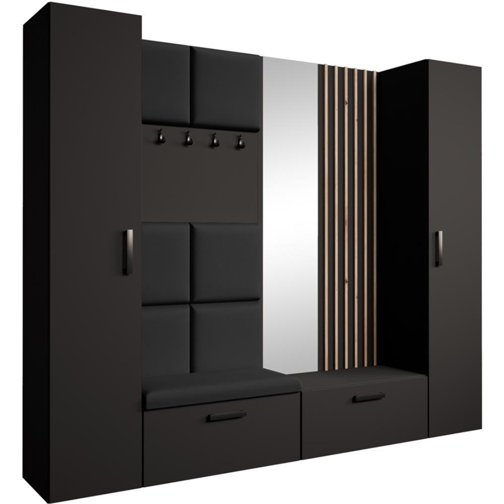 Beautysofa PŘEDSÍŇOVÁ sestava Margaret XL 242/203/43 s čalouněnými panely / lamelami / zrcadlem, černá