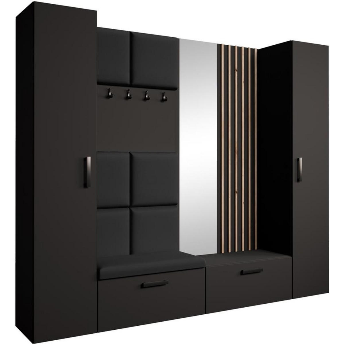 GARDEROBE Margaret XL 242/203/43 mit gepolsterten Paneelen/Lamellen/Spiegel - Schwarz/Eiche Artisan, Holzwerkstoff/Kunststoff (242/203/43cm) - Beautysofa