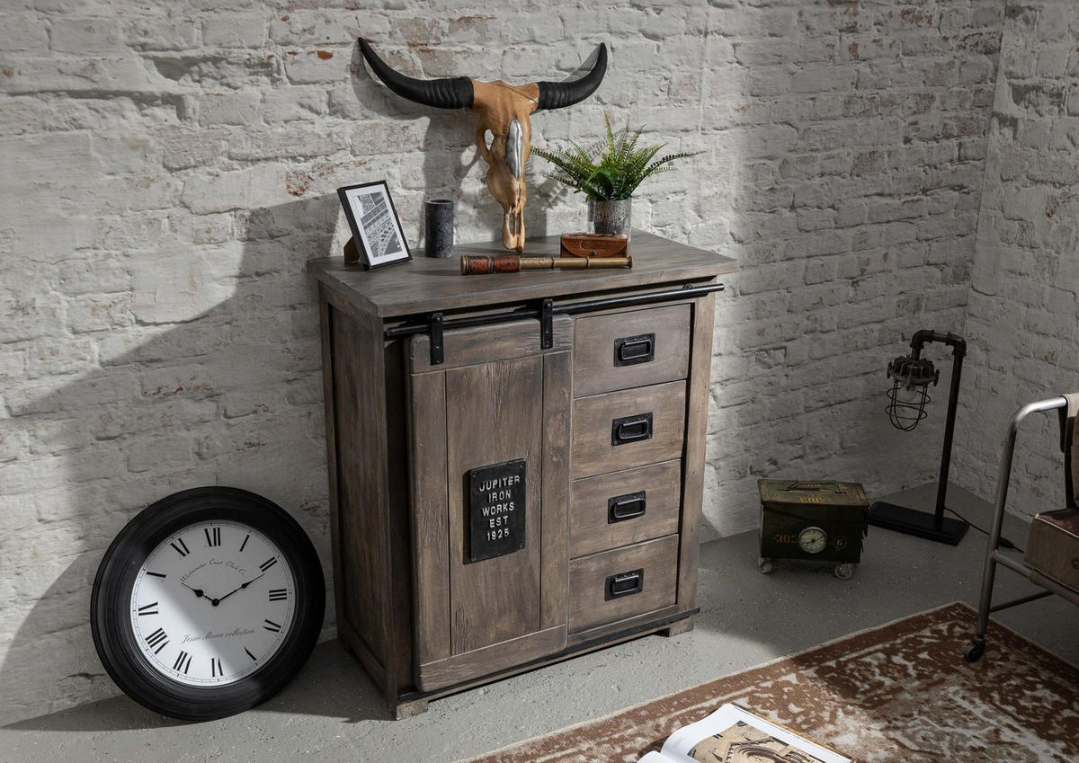 KOMMODE Mango 90x45x100 grau lackiert RAILWAY #203 - Grau, Holz (90/100/45cm) - Massivmoebel24