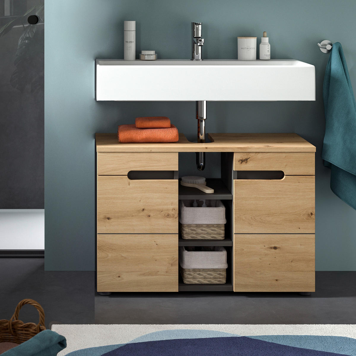 WASCHBECKENUNTERSCHRANK Eiche, grau 80 cm mit Soft-Close - Eiche Artisan/Grau, Holz/Holzwerkstoff (80/55/34cm) - Inn.Furn