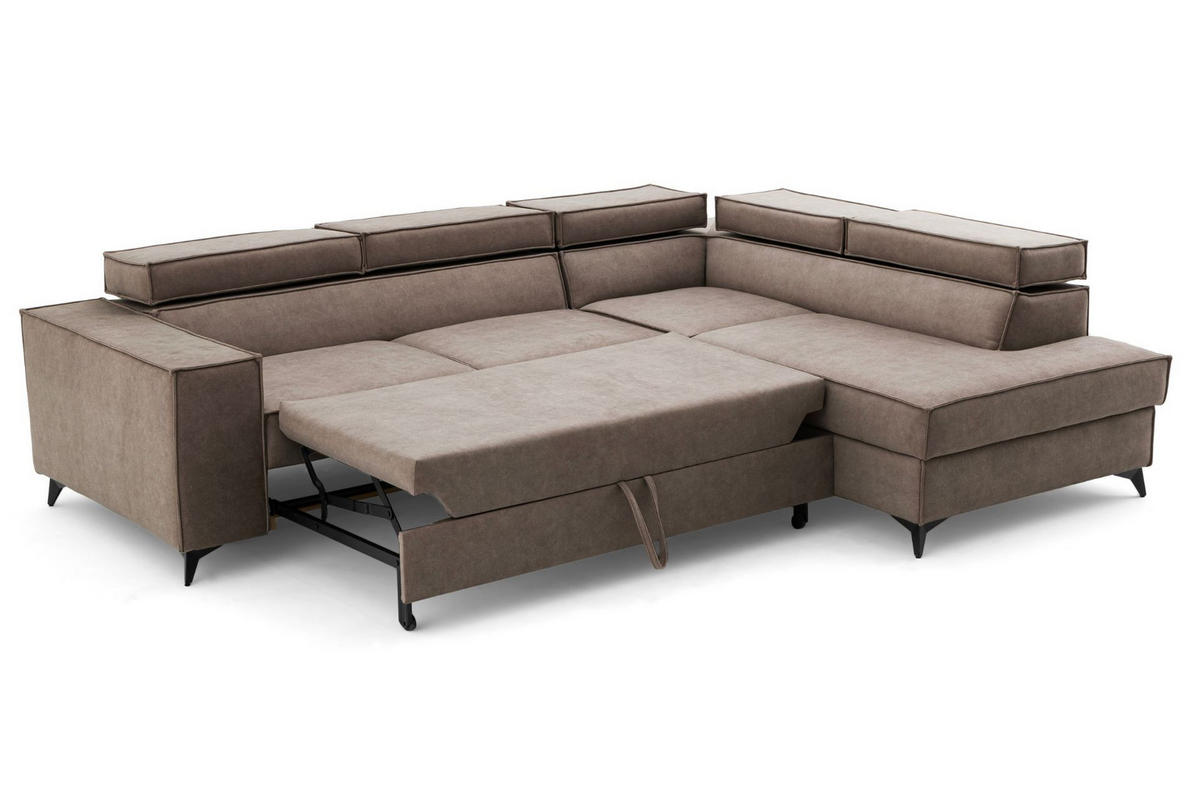 ECKSOFA PURE L Rechts mit Schlaffunktion 127x199 Velours Beige - Beige/Schwarz, Holz/Textil (204/281cm) - Muffo