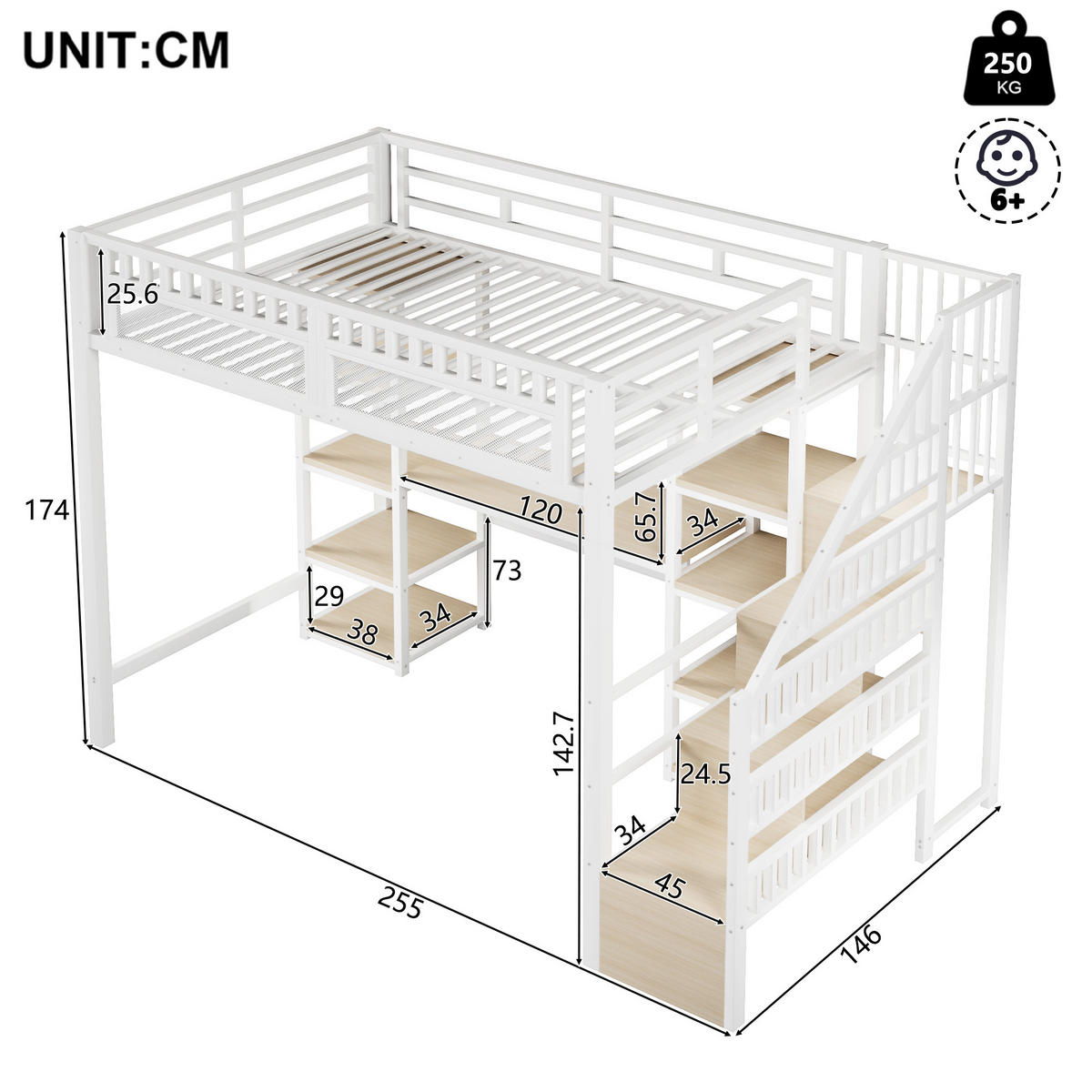 HOCHBETT 140x200cm Weiß Mit Schreibtisch USB & LED - Weiß, Metall - FLIEKS
