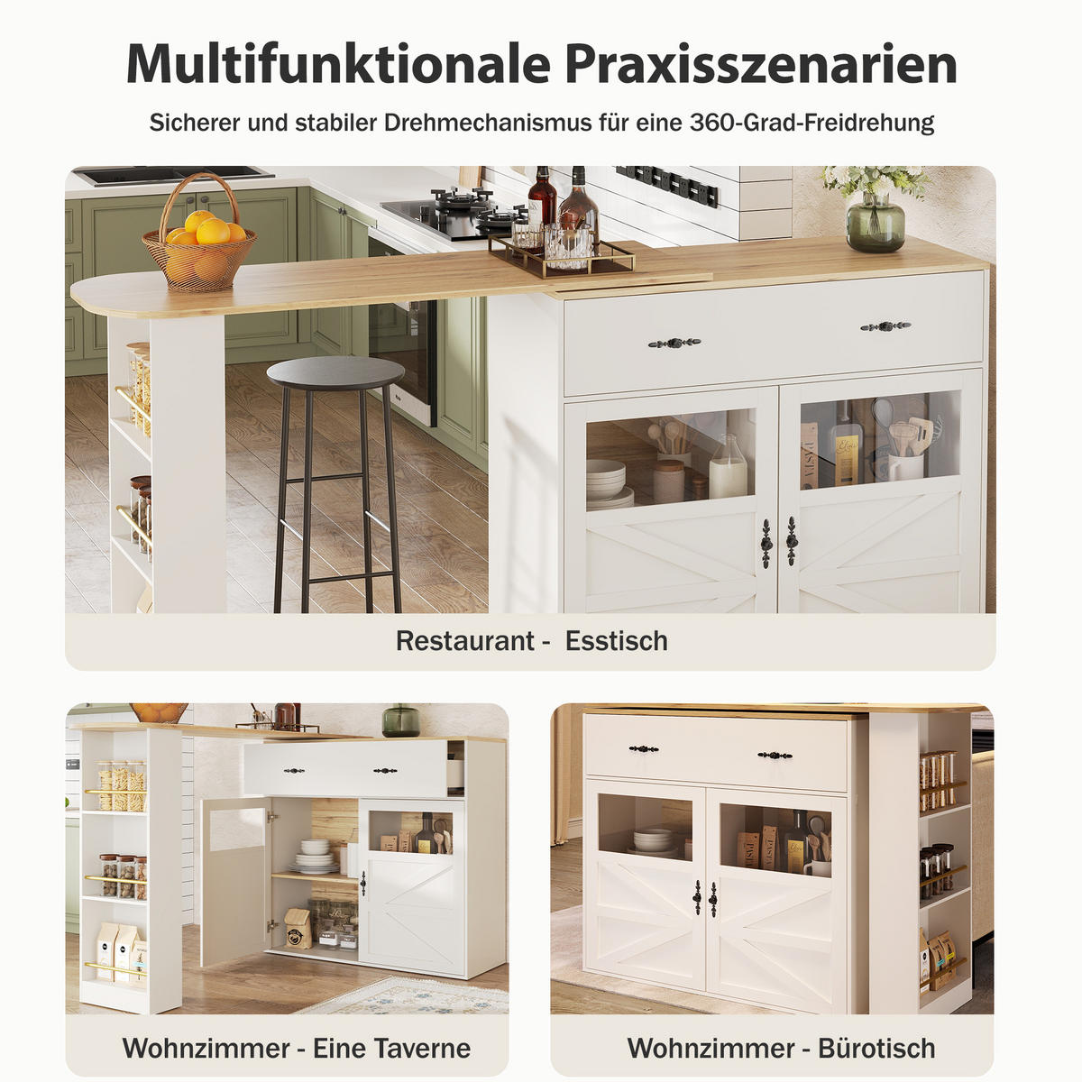 BARTISCH 138-204/39/104 cm in Weiß mit Drehfunktion und Stauraum - Weiß, Holzwerkstoff (39/204/104cm) - BEAOK