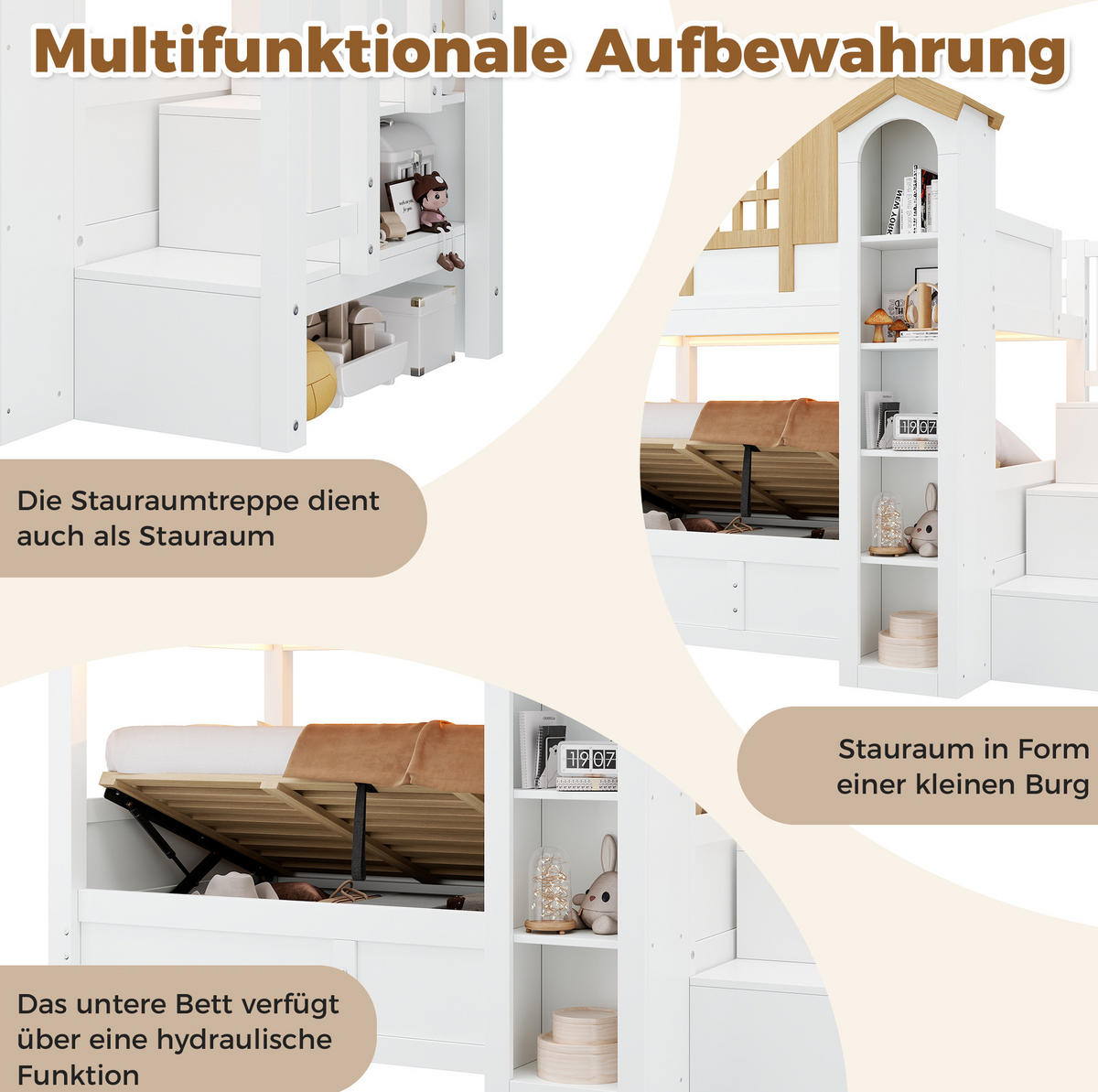 ETAGENBETT 2x 90x200 cm in Weiß mit Stauraumtreppe, LED und hydraulischem Bettkasten - Weiß, Holz (90/200cm) - IVMEU