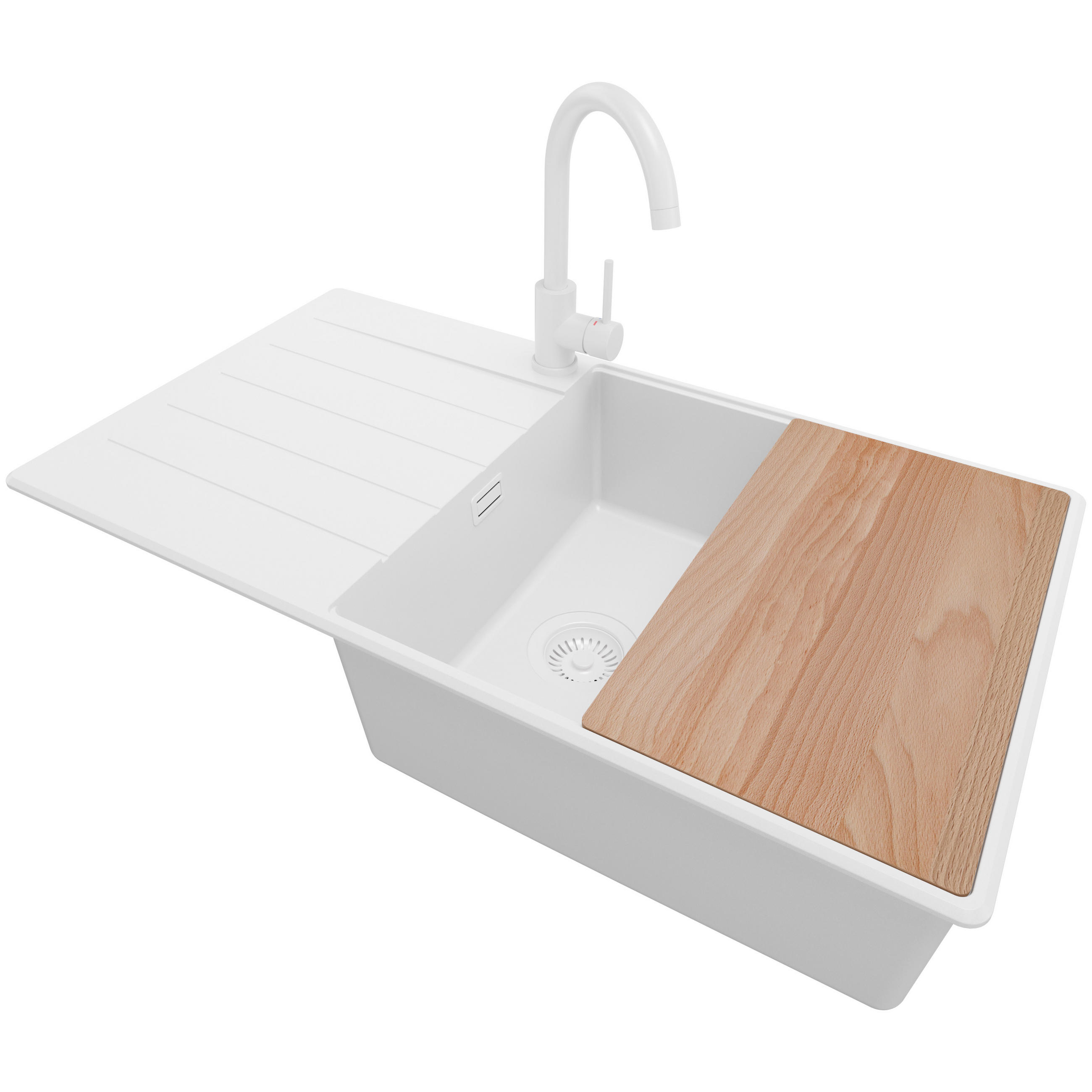 GRANITSPÜLE Kopenhagen, 2-er set Alles Weiß 90/50 cm 1 Becken + Küchenarmatur 32/20 cm + Ablauf-Set + Schneidebrett ab 60er Unterschrank - Beige/Weiß, Kunststoff (90/20/50cm) - Primagran