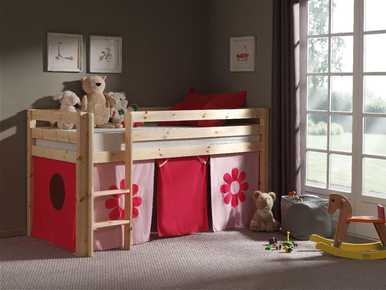 KINDERBETT Karolina 210x114x106 Massivholz Natur Textilset Flower - Pink/Kieferfarben, Holz (90/200cm) - 58aufmkessel