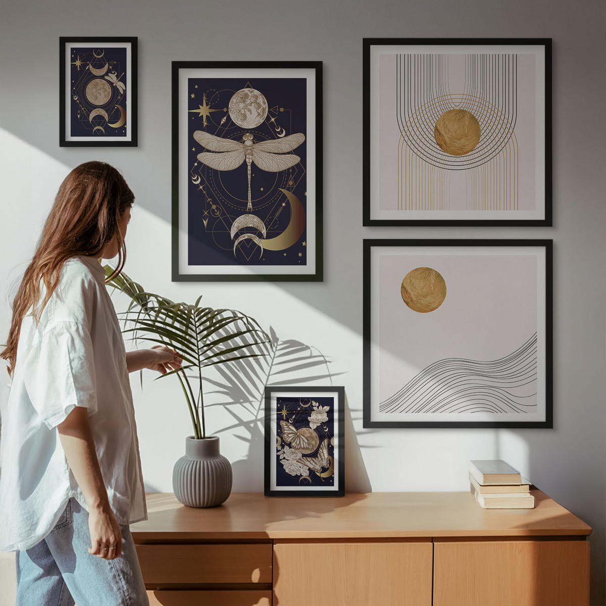 WANDBILDER 5er-Set - 50x50 cm & 20x30 cm & 40x60 cm Schwarzer Rahmen - Naturmotive mit dem Mond - Schwarz, Kunststoff (40/60cm) - ArtPrintCave