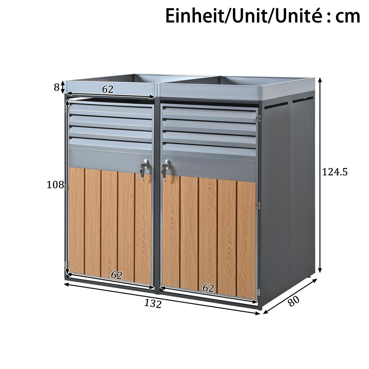 MÜLLTONNENBOX Pflanzfläche Holzmaserung Grau - Grau, Metall (132/124.5/80cm) - ComfortXL