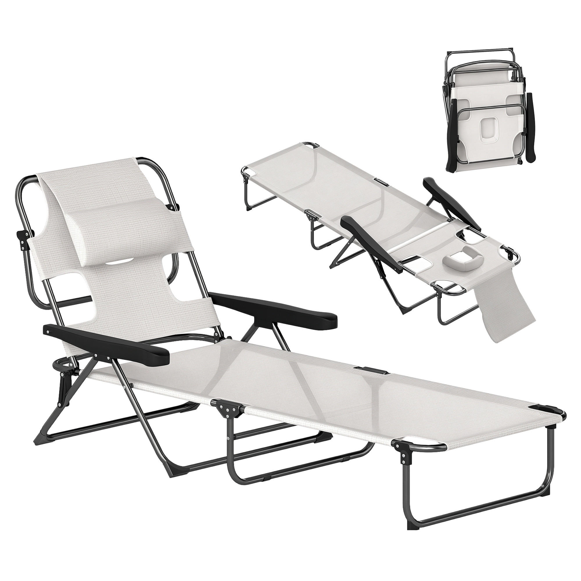SONNENLIEGE Klappbare Gartenliege mit 4-fach verstellbarer 145 x 72 x 89 cm ,Creme - Creme, Metall (145/89/72cm) - Vallsero