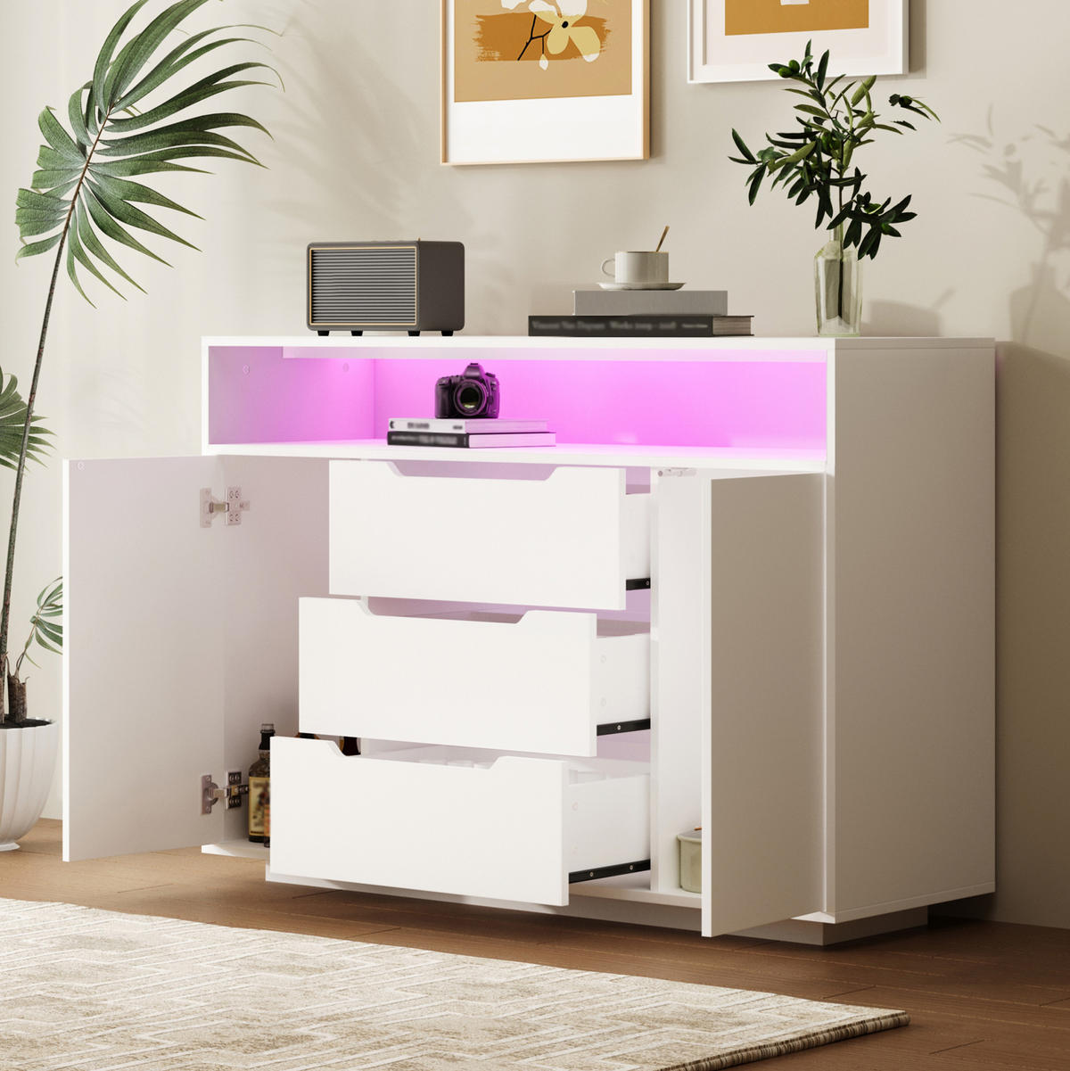 SIDEBOARD 120/40/85 cm weiß aus Holzwerkstoff mit offenem Regal, 3 Schubladen und LED - Weiß, Holzwerkstoff (120/85/40cm) - OKWISH