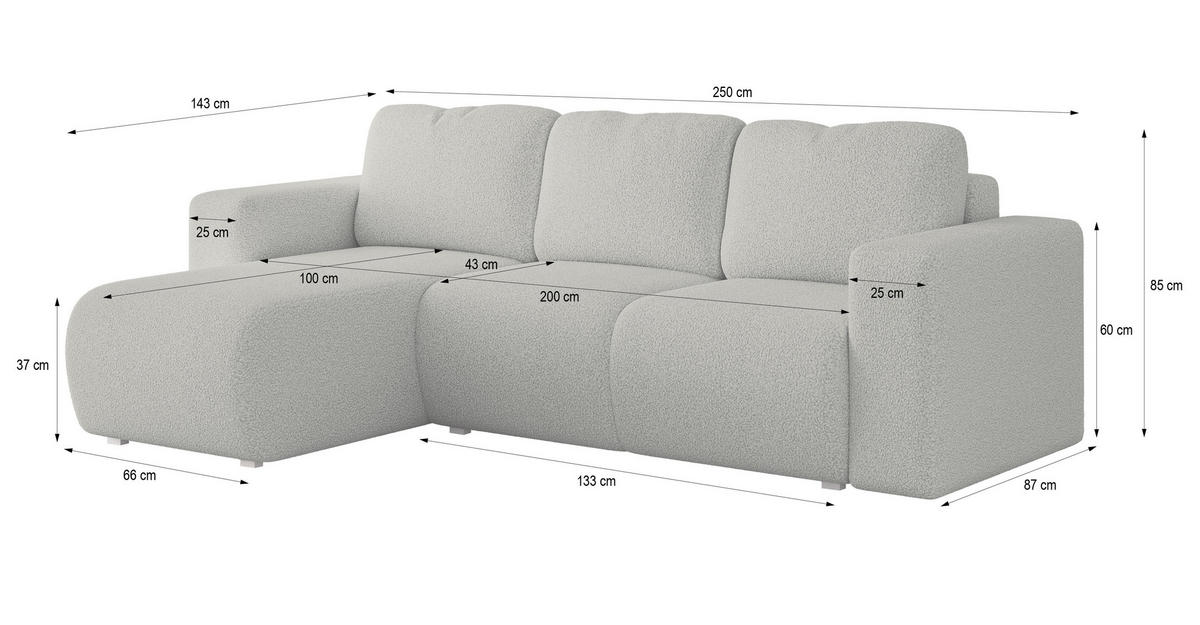 ECKSOFA RINOVA Creme Boucle-Stoff mit Schlaffunktion - Creme, Holz (250/143cm) - MASSENO