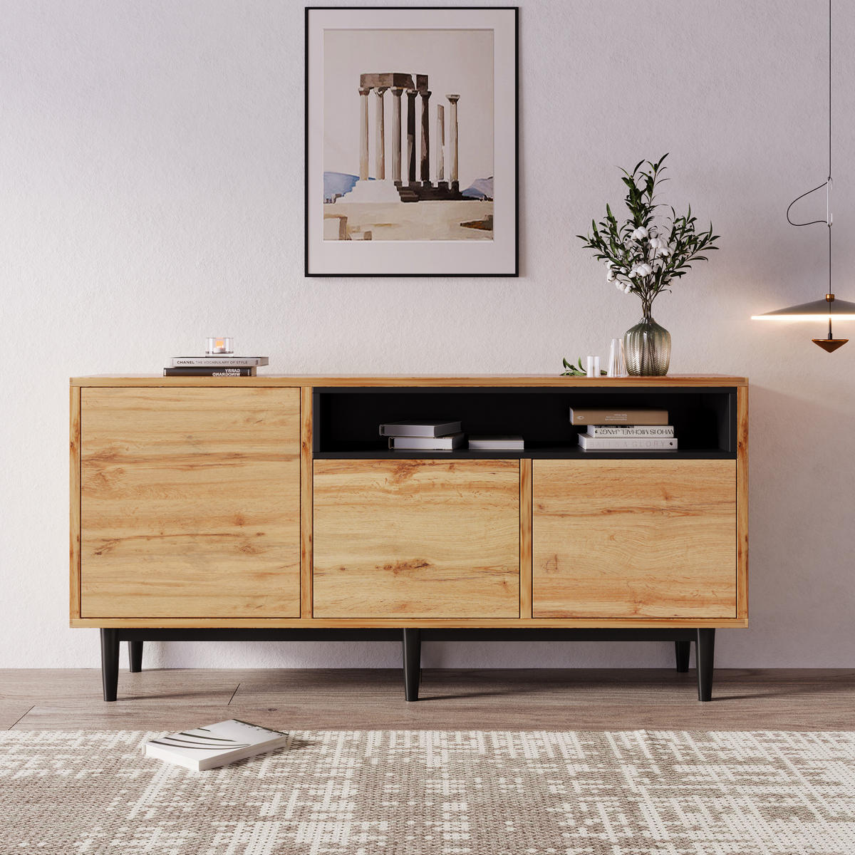SIDEBOARD aus MDF mit 3 Türen und verstellbaren Einlegeböden, 160/35/76 cm, Schwarz und Natur - Naturfarben, Holzwerkstoff (160/76/35cm) - Redom