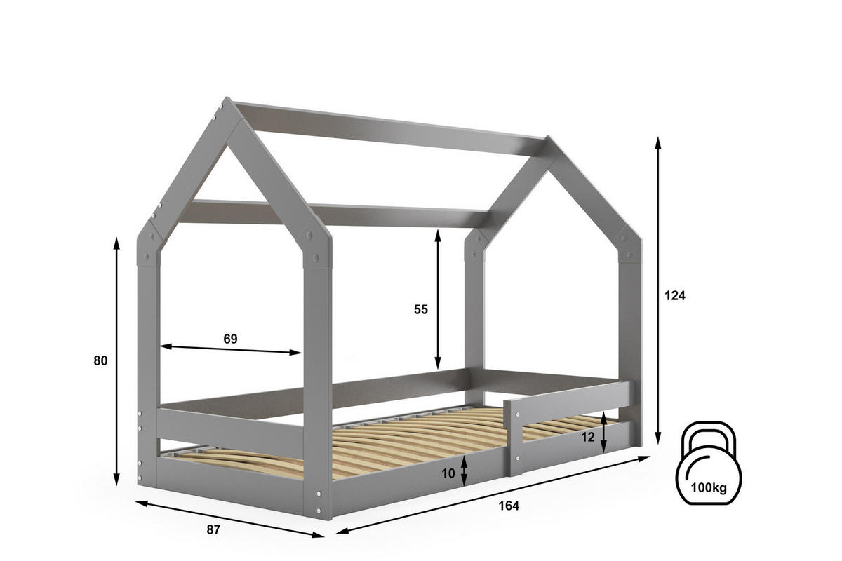 HAUSBETT DOMI 1 160x80cm mit Lattenrost und Rausfallschutz - Grau, Holz (80/160cm) - Interbeds