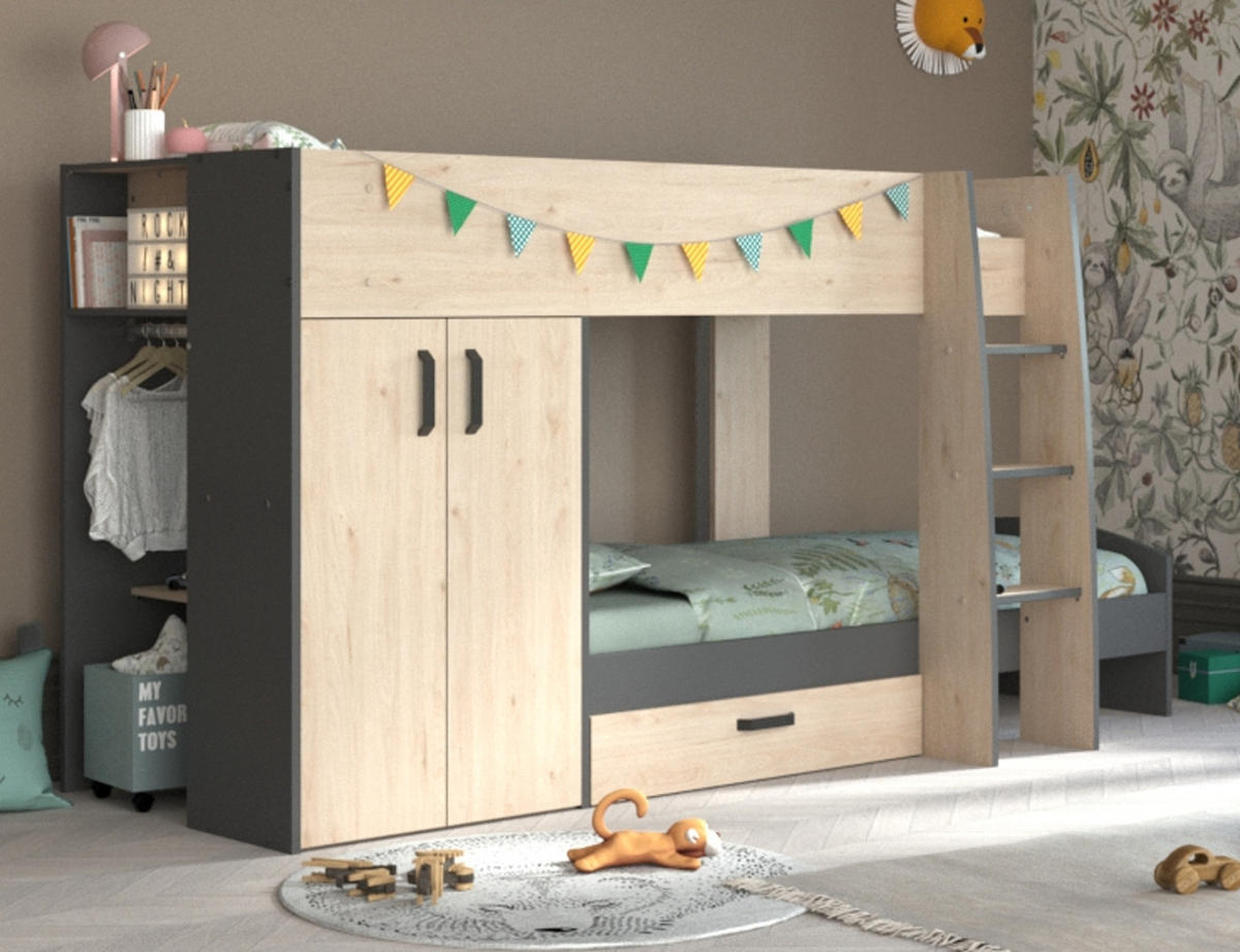 ETAGENBETT Hochbett mit Kleiderschrank Schublade Bett 90 x 200 cm - Eichefarben/Schwarz, Holz/Holzwerkstoff (90/200cm) - Parisot Meuble