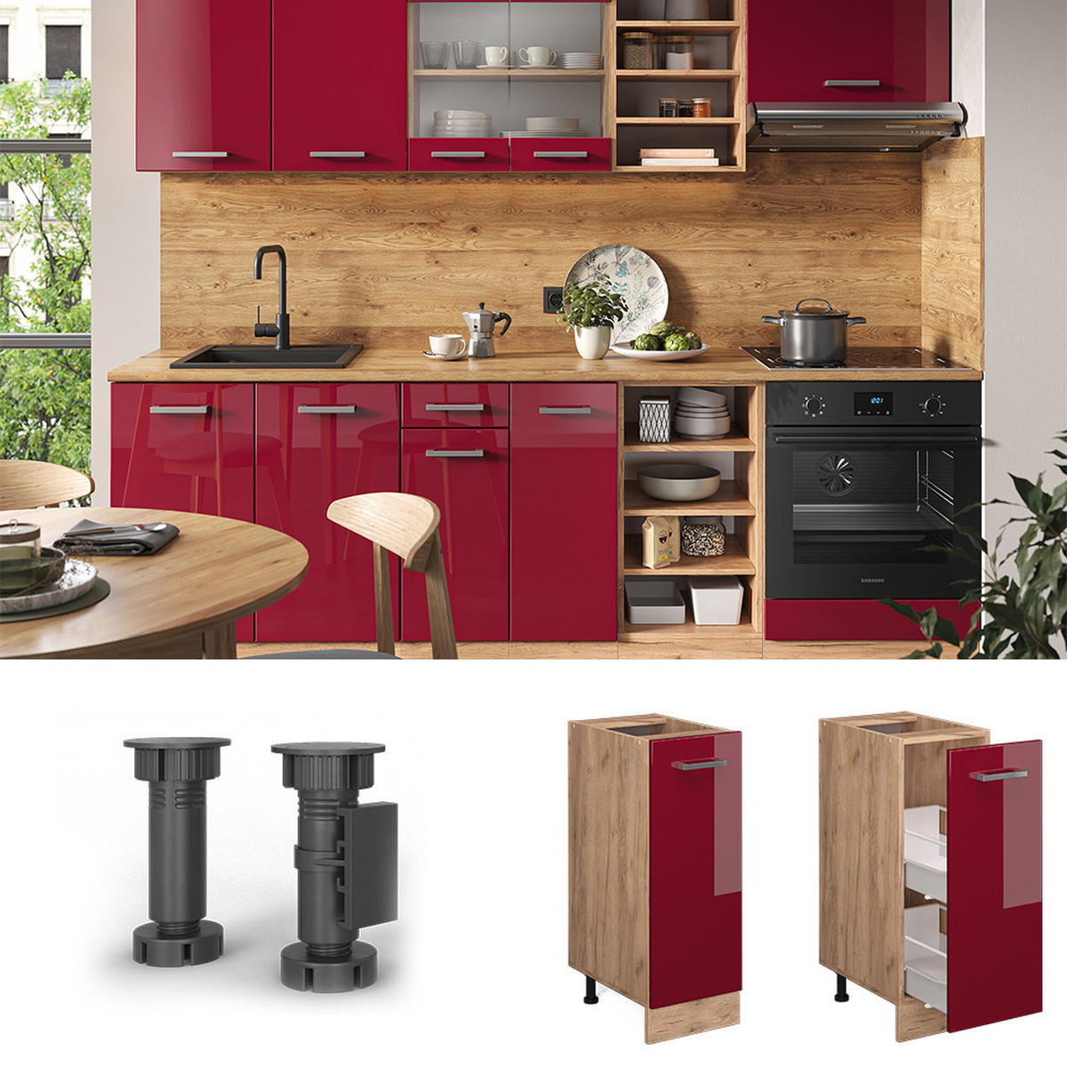 APOTHEKERSCHRANK R-Line Bordeaux Hochglanz 30 cm , AP Anthrazit - Bordeaux/Eiche Wotan, Holzwerkstoff (30/81.6/60cm) - Vicco
