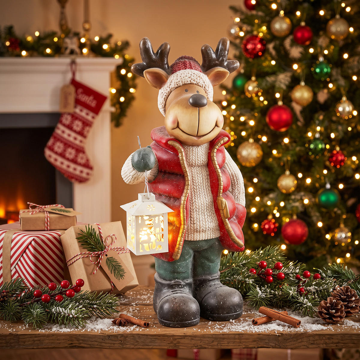 WEIHNACHTSDEKO Figur 52 cm Rentier mit Laterne Weihnachtsfigur mit LED-Licht - Rot, Metall (19.5/52/25.5cm) - HOMCOM
