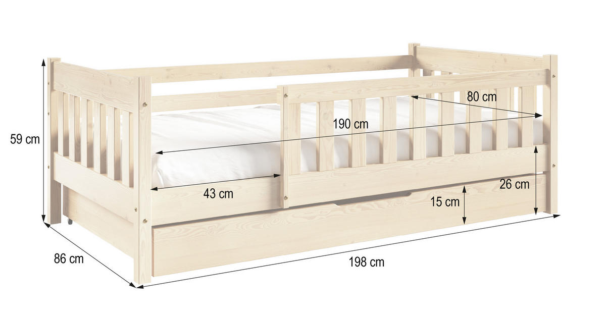 KINDERBETT ELSA mit Bettkasten 80x190 cm Kieferfarben - Kieferfarben, Holz (80/190cm) - MASSENO