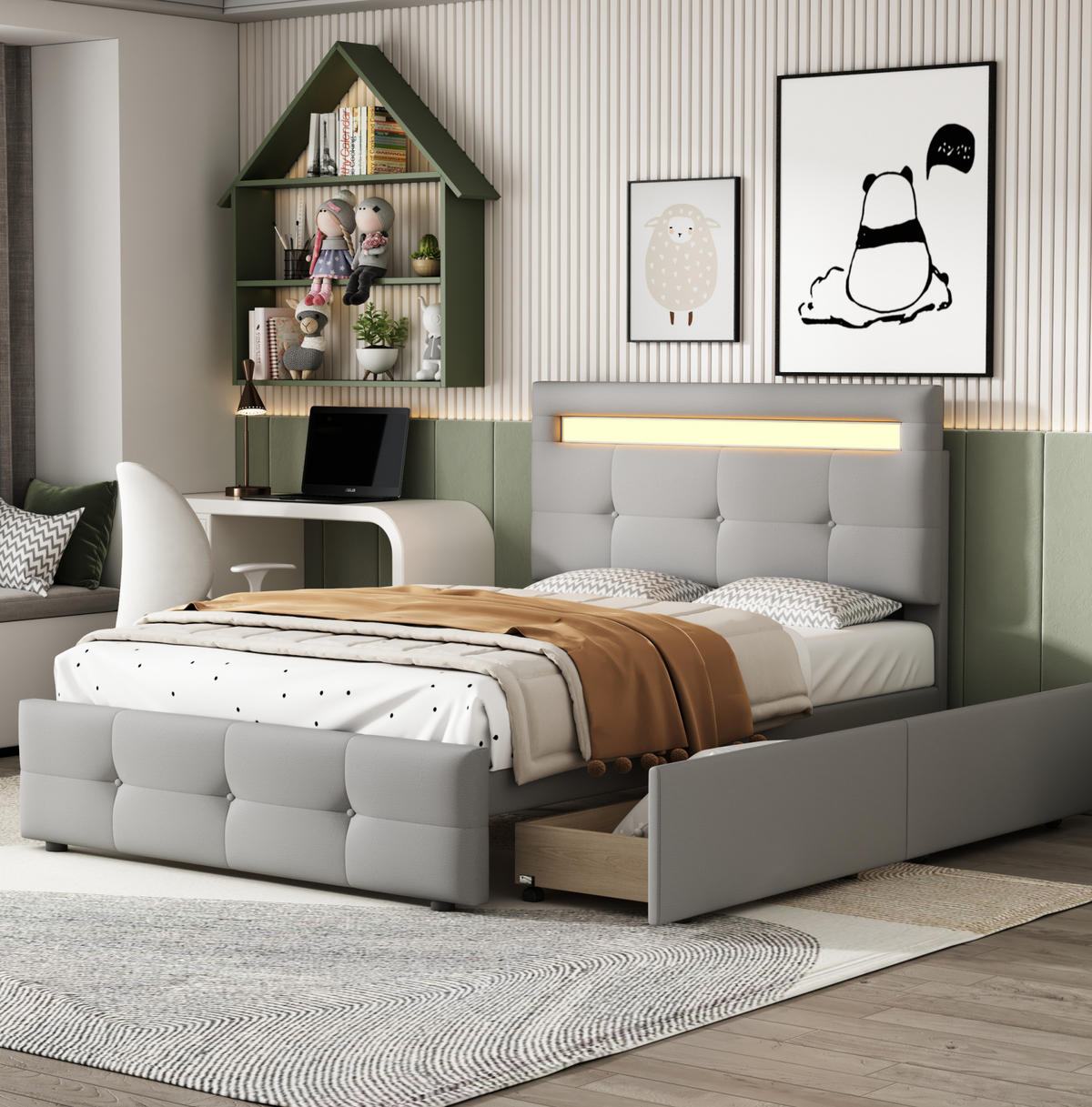 TAPECIRANI krevet 90/200 cm sivi od drva i tkanine s LED rasvjetom i 2 ladice - siva, tekstil (90/200cm) - OKWISH