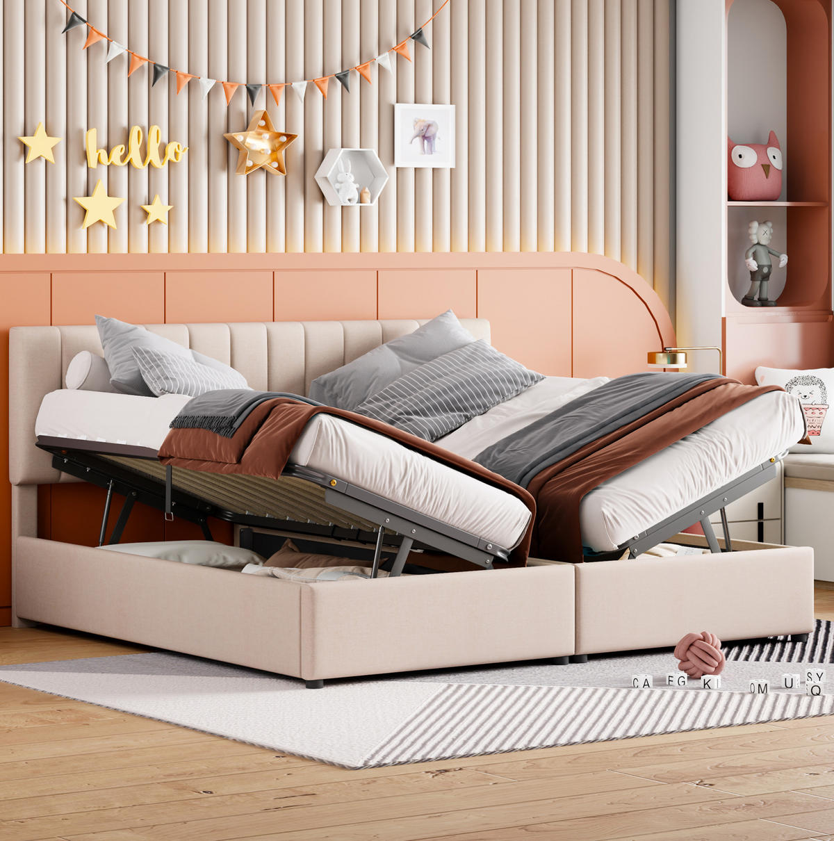 POLSTERBETT 180/200 cm aus Leinen mit Stauraum, Beige - Beige, Textil (180/200cm) - OKMYHOME