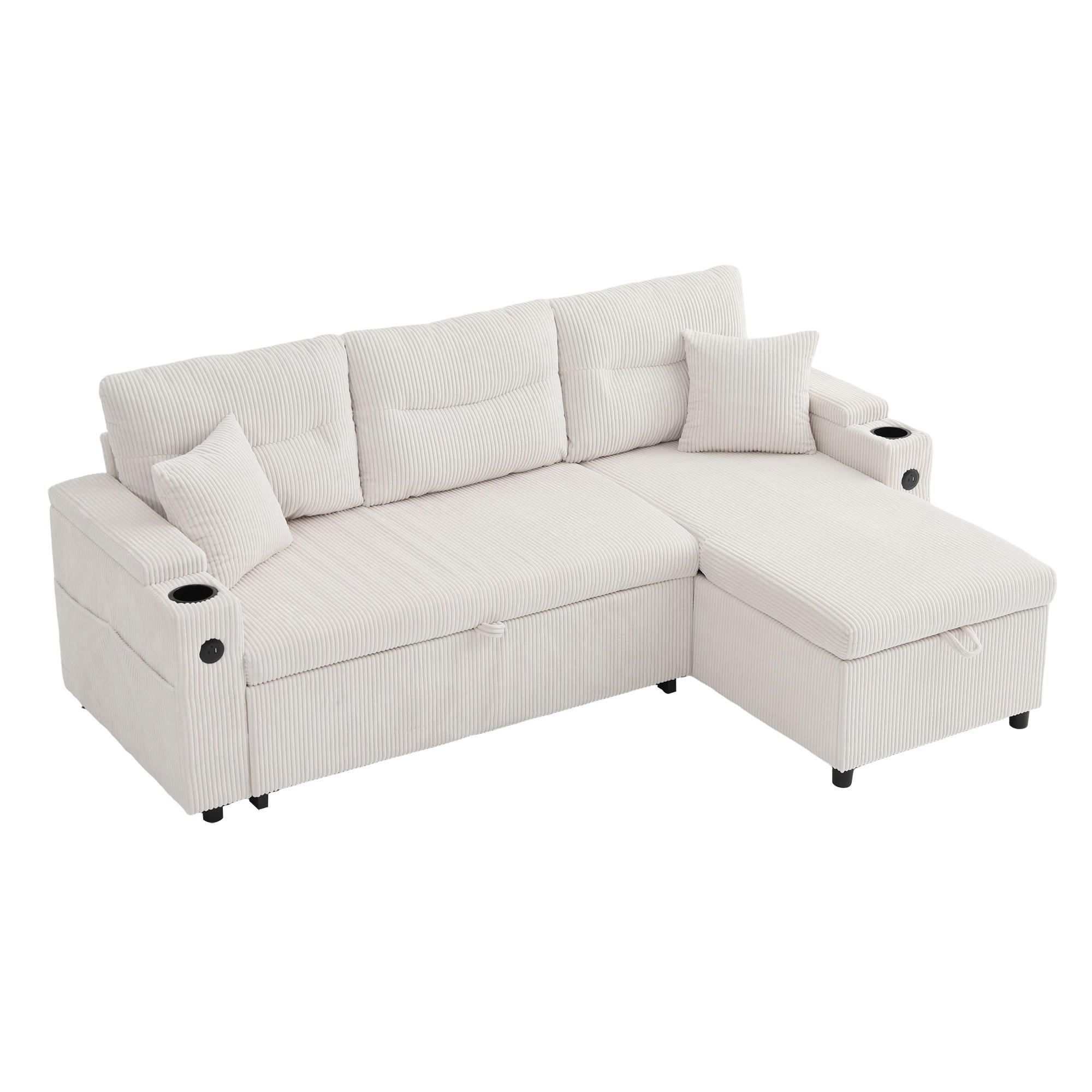 ECKSCHLAFSOFA 3-Sitzer Cord mit Stauraum USB-Anschluss und Becherhalter Beige 212,5/136/86 cm - Beige, Textil (136/212.5cm) - Redom