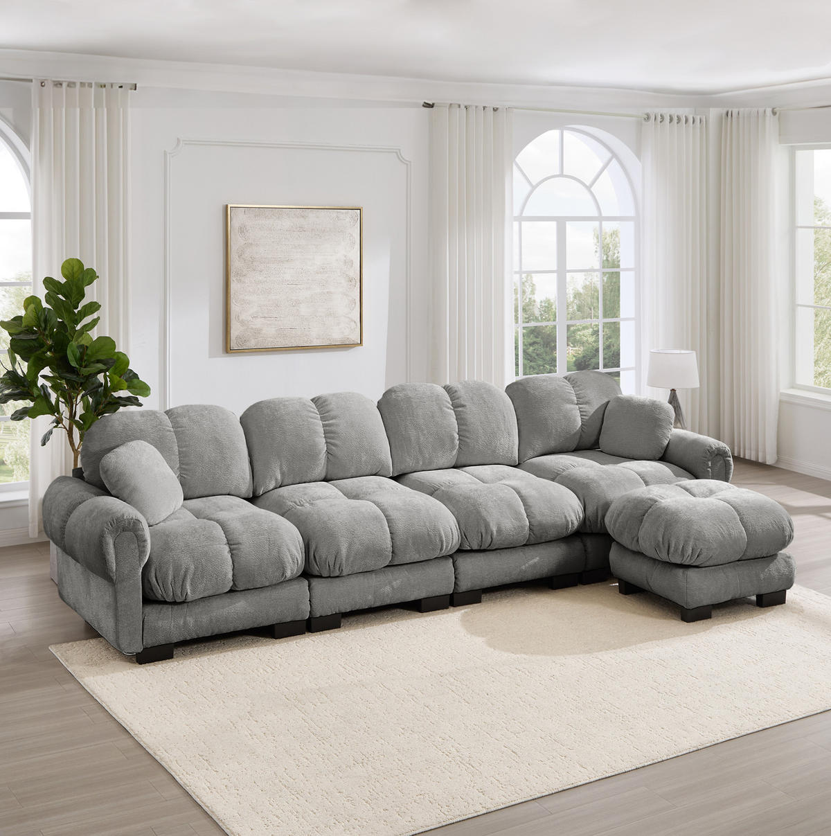 SOFA 330/149/90 cm in Hellgrau aus Chenille mit modularer Ottomane - Hellgrau, Textil (149/90/330cm) - Flora Grace