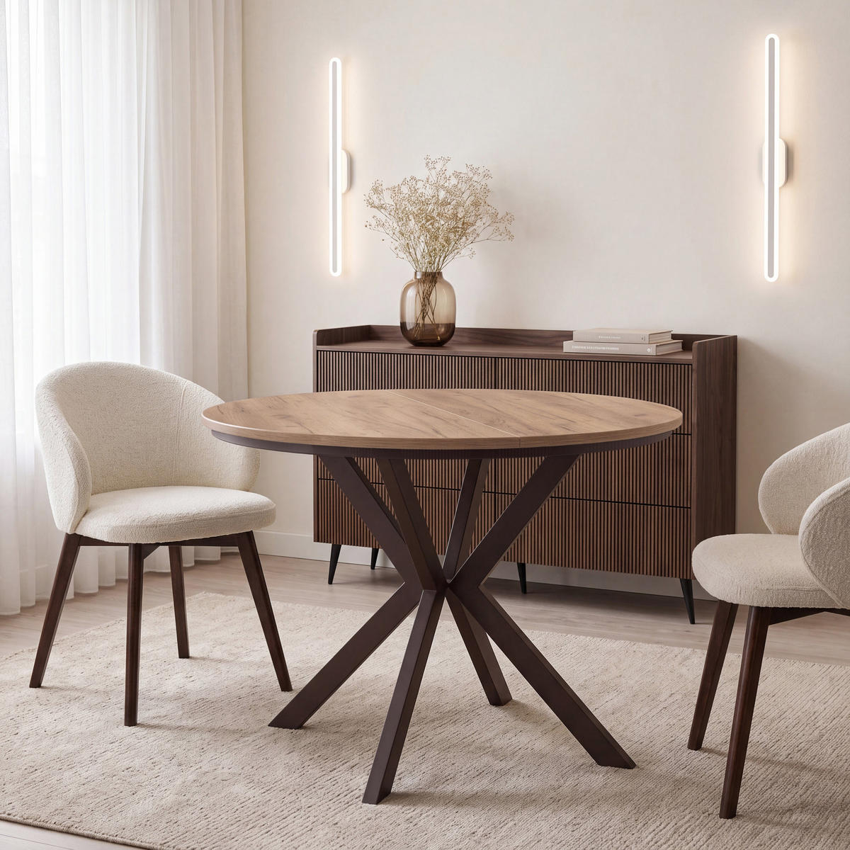 ESSTISCH Valio Neo rund oval ausziehbar verlängerbar mit braunen Metallbeinen, Eiche Braun 100-140/100/76 cm - Eiche Wotan/Braun, Holzwerkstoff/Metall (100/140/76cm) - WFL GROUP